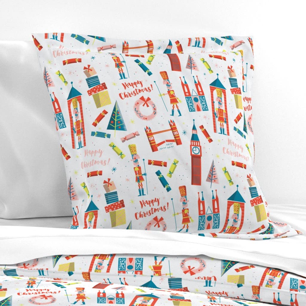 Custom Happy English Christmas Holiday Festive Decor Cotton Sateen Flanged Edge Euro Sham - British London Xmas Themed Bedding for Holiday Home Decor