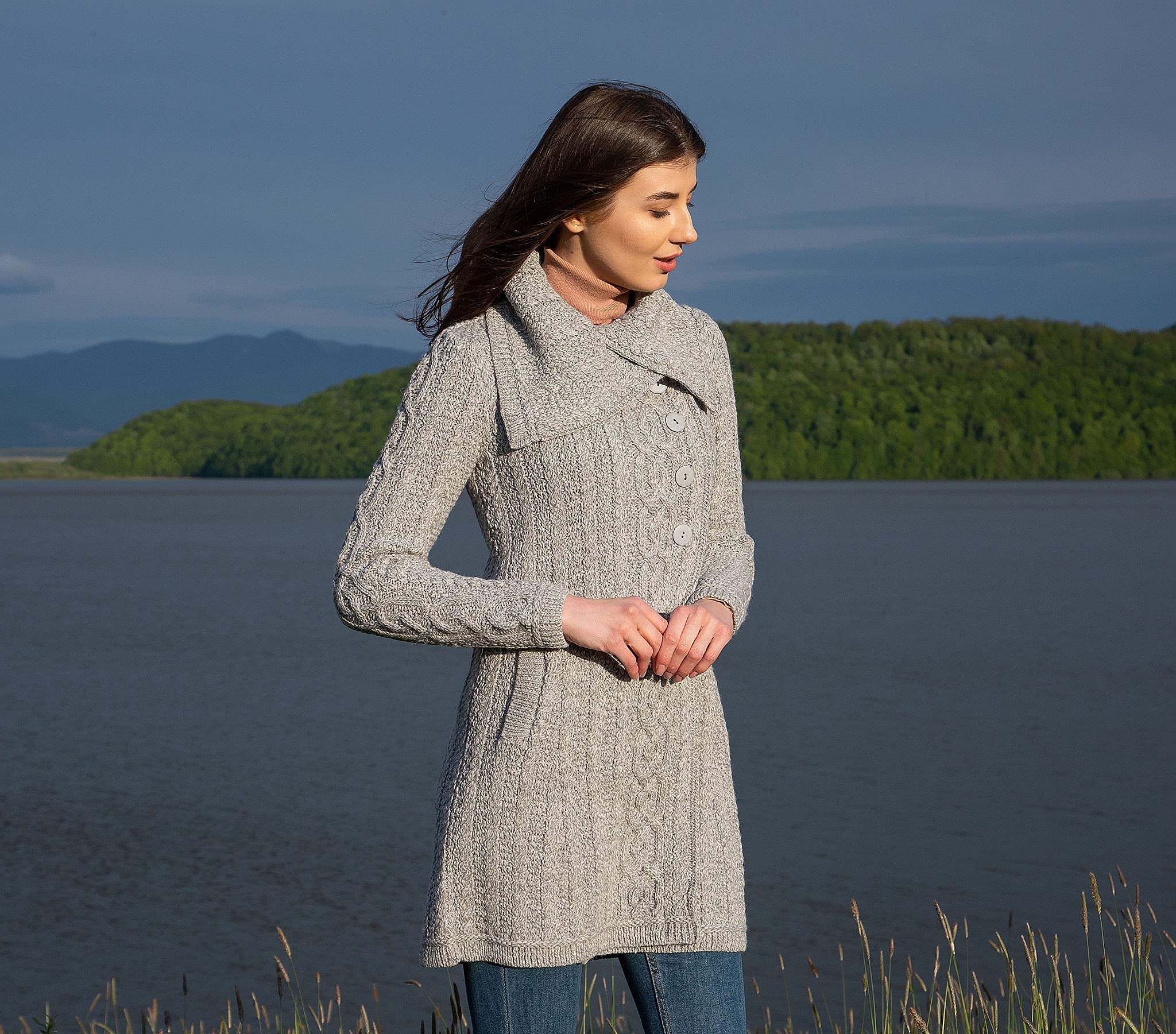 SAOL Irish Cardigan Sweater for Women - Soft Merino Wool Blend with Side Pockets & Oversized Collar | Cozy Fall Winter Layering, Office Wear & Casual Outfits
