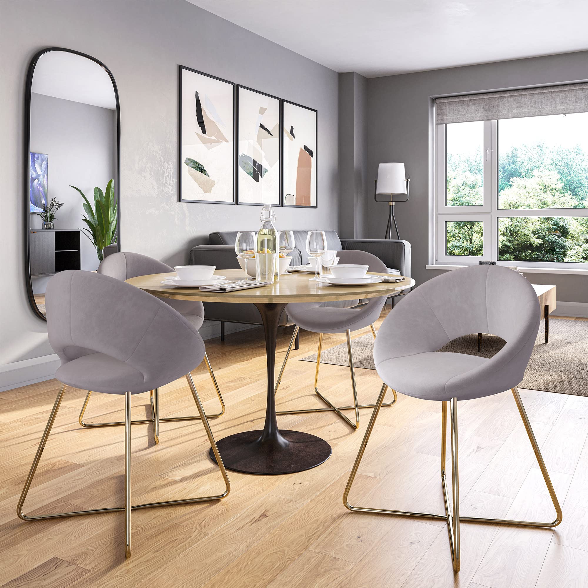 BELLEZE 2-Piece Velvet Modern Accent Chair Set - Upholstered Makeup Vanity Chair & Living Room Armchair with Golden Metal Legs, Comfy Dining & Leisure Seating - Ezra (Grey) | Perfect for Bedroom Dressing Tables, Living Room Decor & Dining Areas