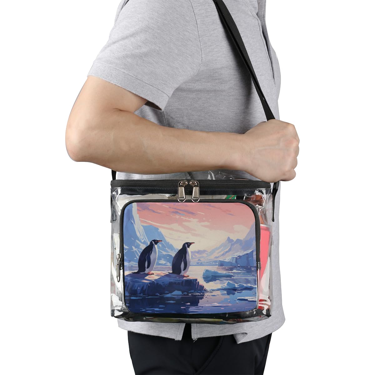 GzLeyigou Antarctica Penguins Clear Tote Bag with Handles - Transparent Crossbody Shoulder Bag for Lunch, Outdoor, Travel, Picnic, Concerts & Sports Events - Stadium Approved Multi-Purpose Bag for School, Beach, Shopping and Theme Parks