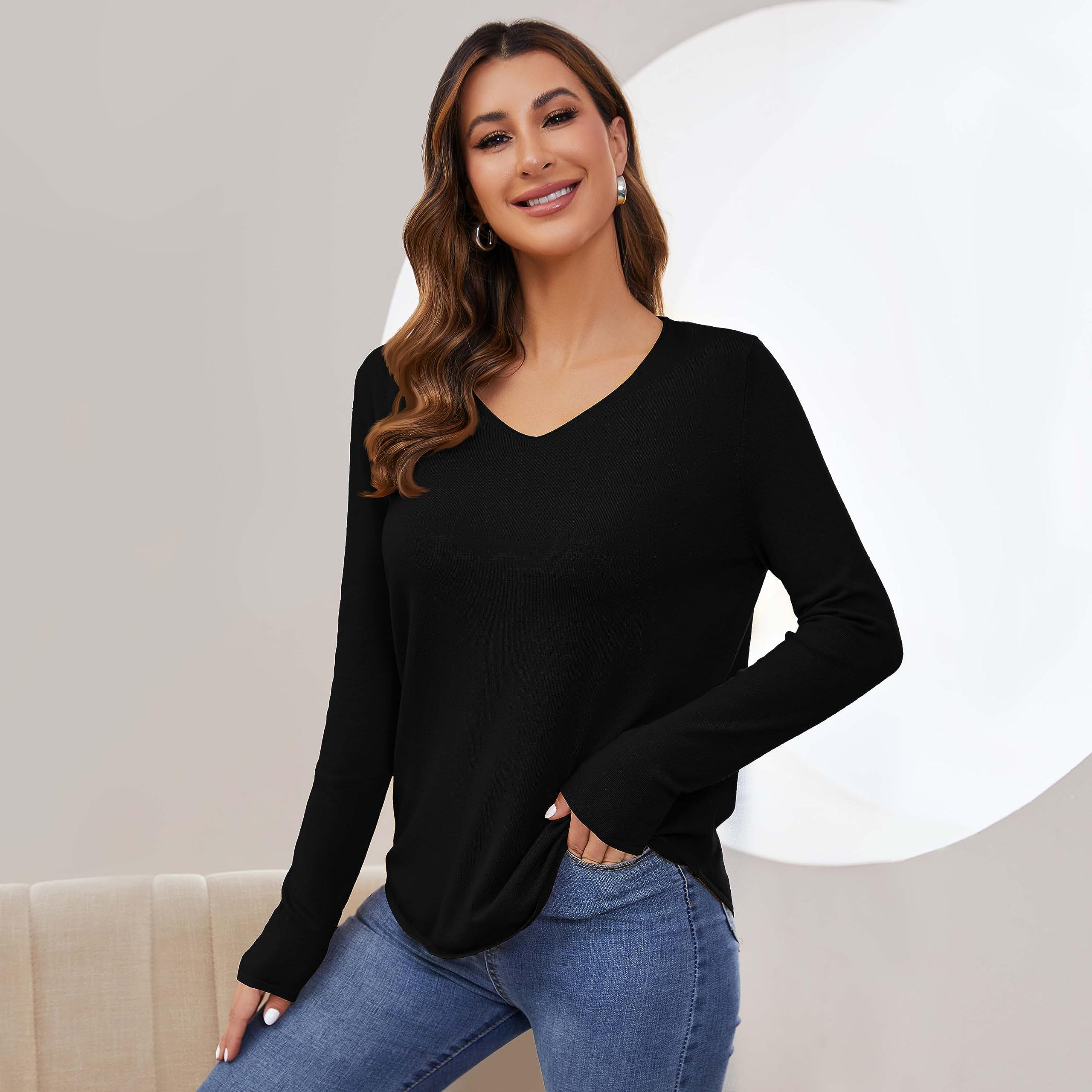 Women's Soft V-Neck Pullover Sweater - Lightweight Long Sleeve Knit Jumper Top for Casual Wear, Office & Fall Layering