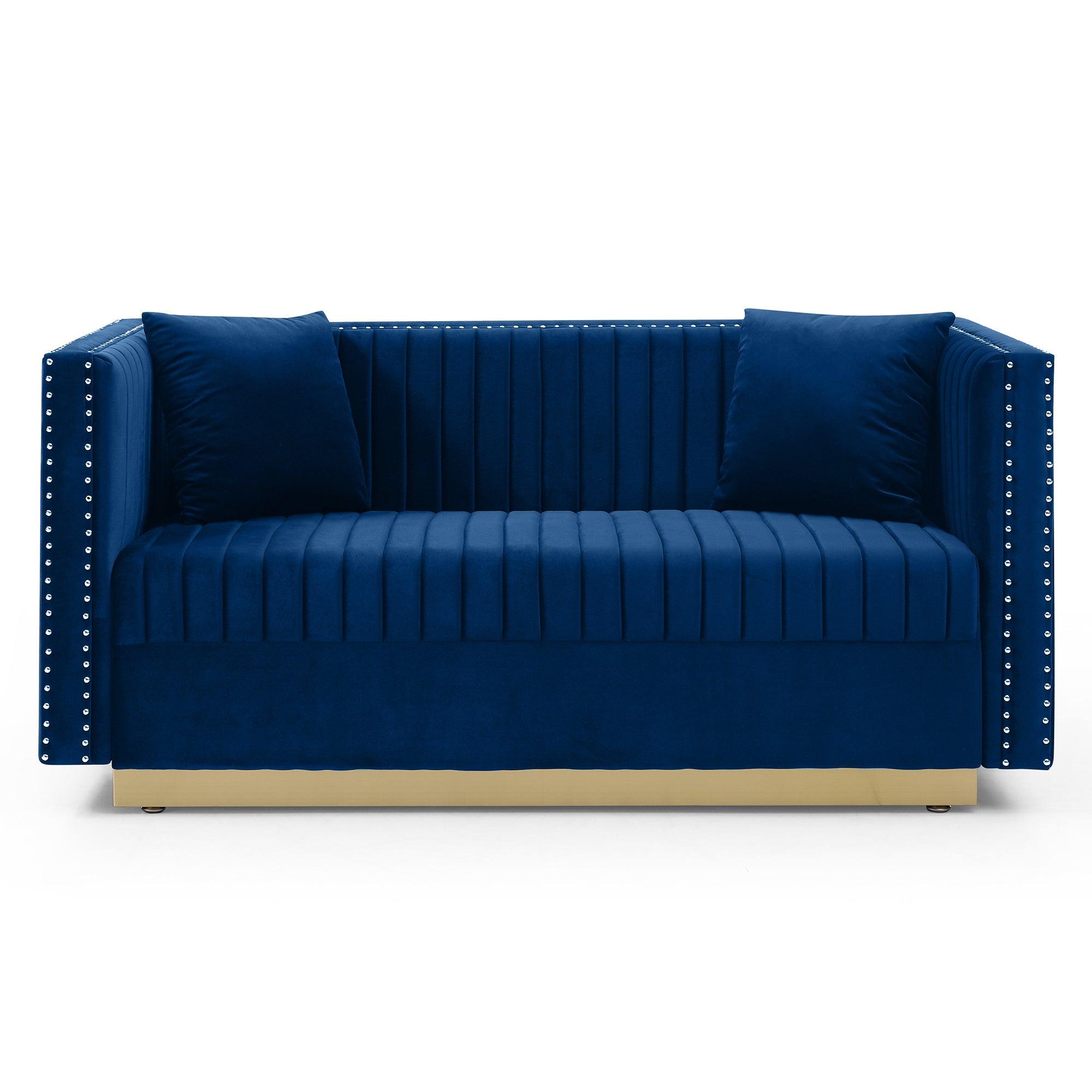 Modern Vertical Channel Tufted Velvet Loveseat - 2-Seater Upholstered Sofa for Living Room & Apartment with 2 Pillows (Blue) | Perfect for Small Spaces, Cozy Lounging & Contemporary Home Decor