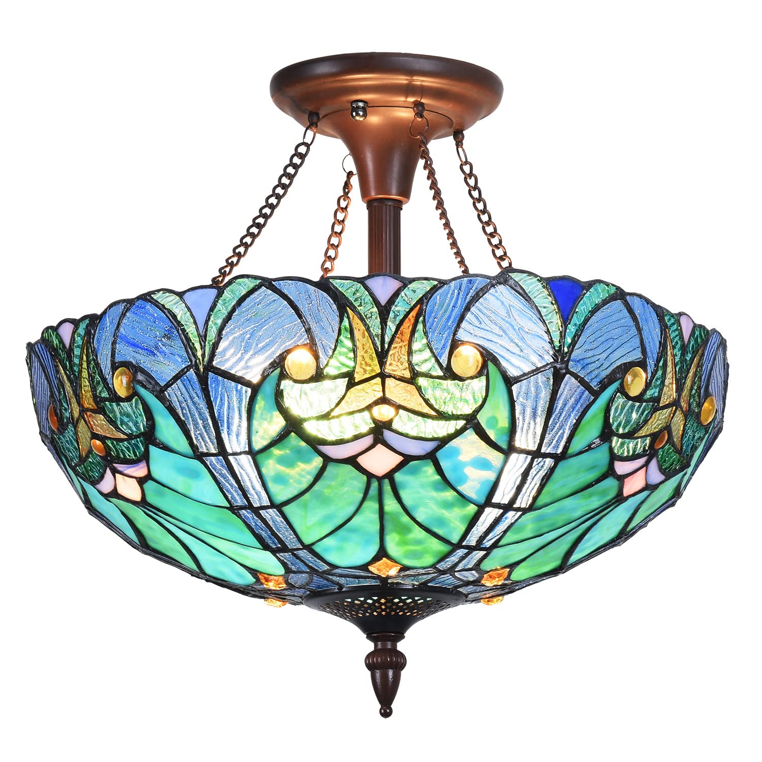 Tiffany Style Ceiling Light Fixture - 16 Inch Stained Glass Victorian Semi-Flush Mount Lamp with 2 Lights - Perfect for Hallway, Bedroom, Kitchen & Dining Room Lighting