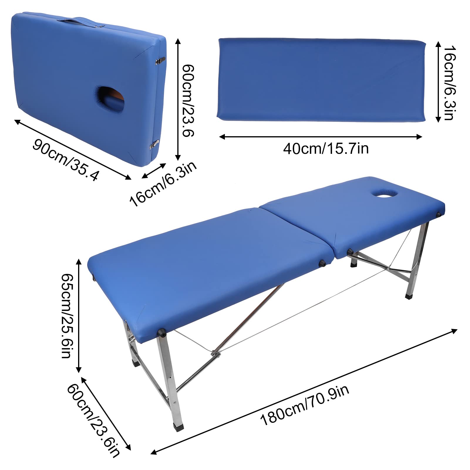 Portable Folding Massage Table with Blue Steel Frame & PU Leather Surface - Professional Spa, Home Massage, and Physical Therapy Use