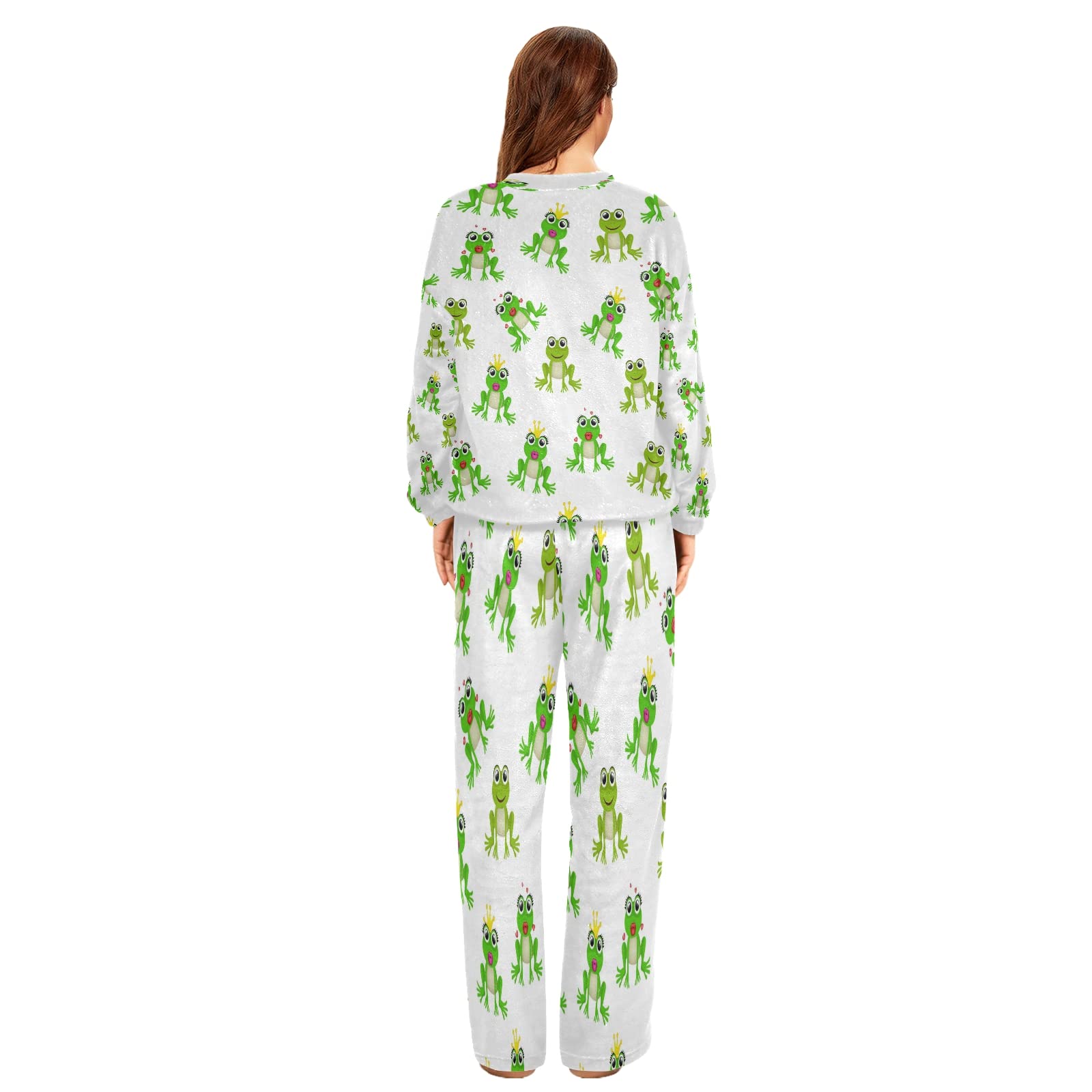 Funny Frog Print Flannel Pajama Set for Women - 2 Piece Long Sleeve Sleepwear & Lounge Outfit - Cozy Winter Nightwear for Relaxing at Home or Sleepovers