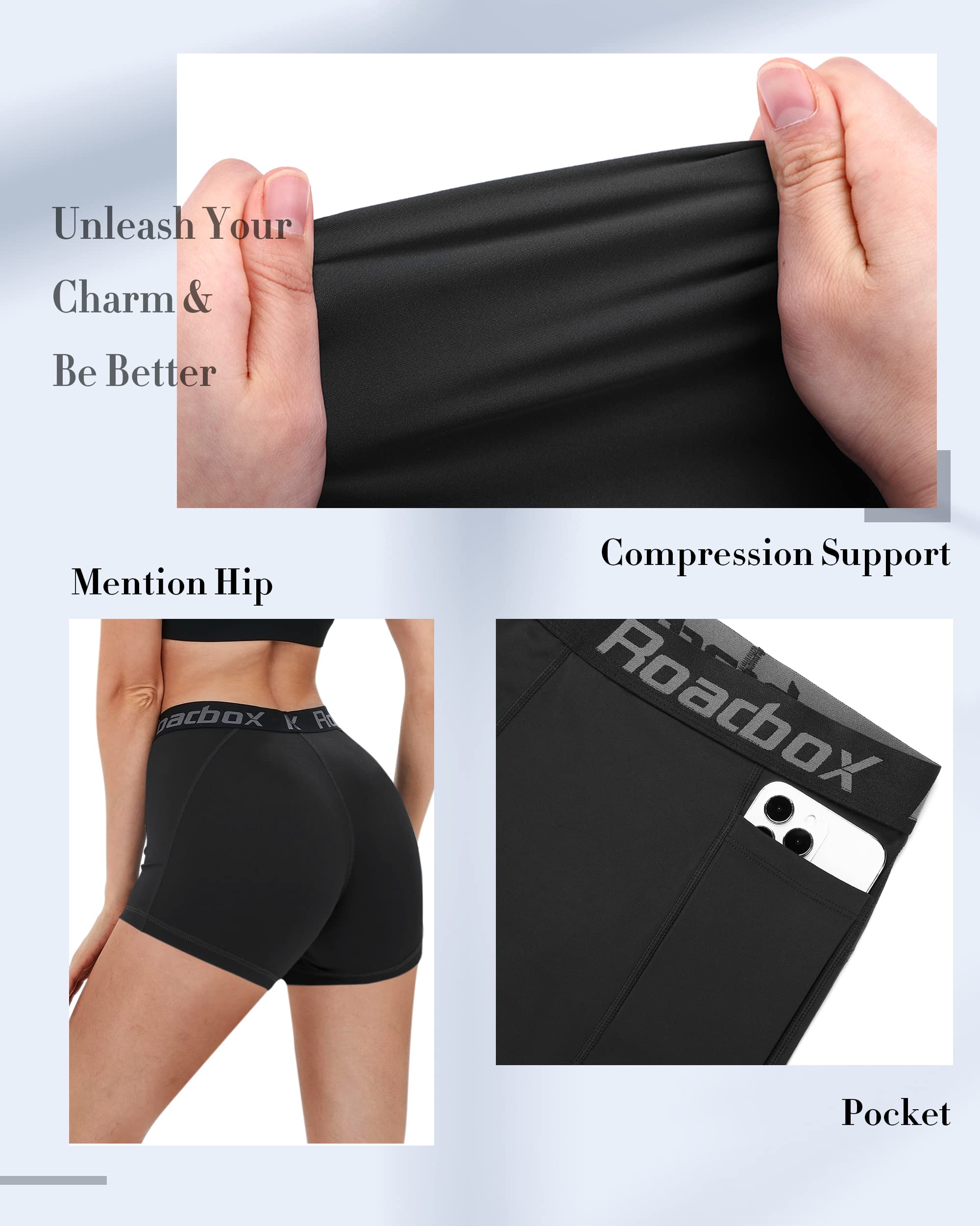 Roadbox 5'' Women's Volleyball Compression Shorts with Pockets - 3 Pack Spandex Workout Athletic Shorts for Running, Gym, Yoga | Perfect for Sports, Training & Active Lifestyle