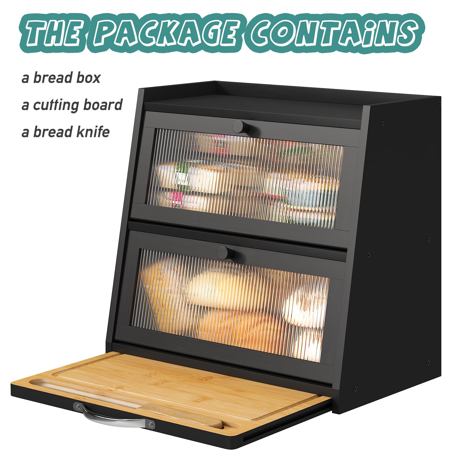 Black Bamboo Bread Box with Acrylic Wavy Door & Built-in Cutting Board - Large Capacity Kitchen Counter Bread Storage Bin for Fresh Bread, Baguettes, Pastries - Perfect for Bakeries, Restaurants & Home Kitchens