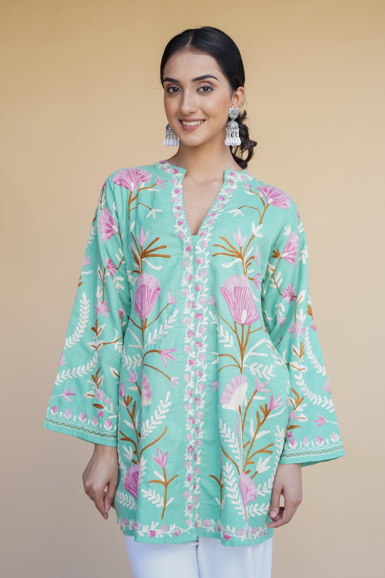 Authentic Kashmiri Aari Work Cotton Kurta Jacket for Women - Pistachio Green | Elegant Ethnic Wear for Festivals, Weddings & Special Occasions