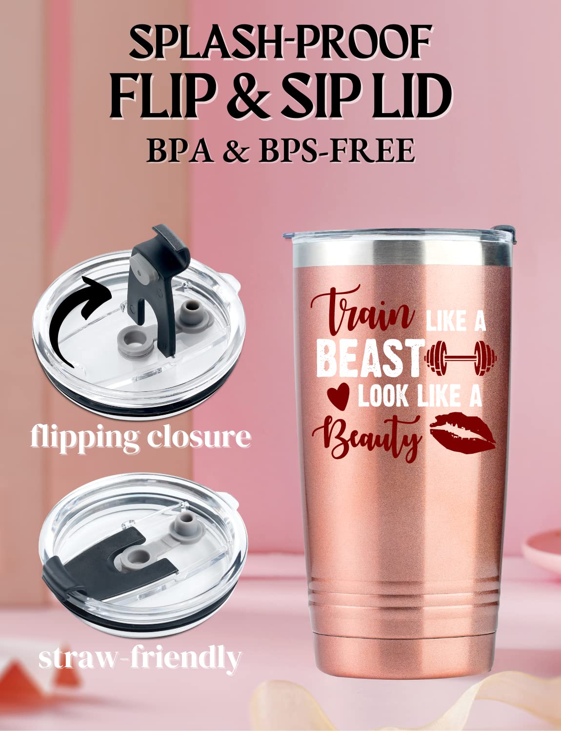 20oz Stainless Steel Tumbler with Lid & Straw - Insulated Gym Water Bottle for Women, Rose Gold Fitness Gift for Her, Birthday & Christmas Presents - Perfect for Workouts, Yoga & Outdoor Activities