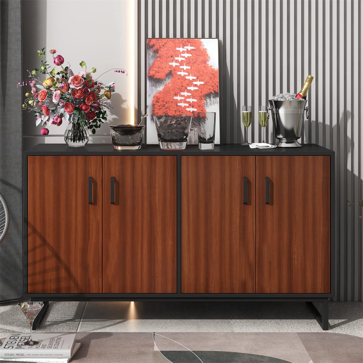 Antique Wooden Kitchen Sideboard with Adjustable Shelves - Large Storage Buffet Cabinet, Cupboard & Console Table for Living Room & Dining Room - Perfect for Home Decor & Entertaining (Brown)