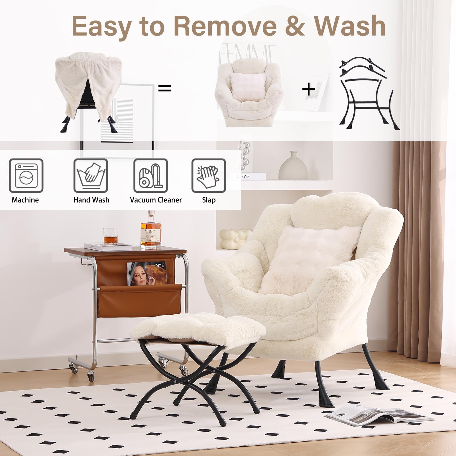 Large Lazy Chair with Ottoman - Plush Beige Accent Reading Chair with Throw Pillow, Cozy Lounge Armchair for Living Room, Bedroom & Dorm | Perfect for Relaxing, Reading & Napping