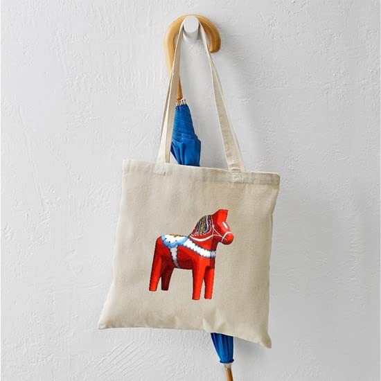Dala Horse Tote Bag - Natural Canvas Reusable Shopping Bag for Women & Men - Eco-Friendly Grocery Bag for Market, Beach & Daily Use