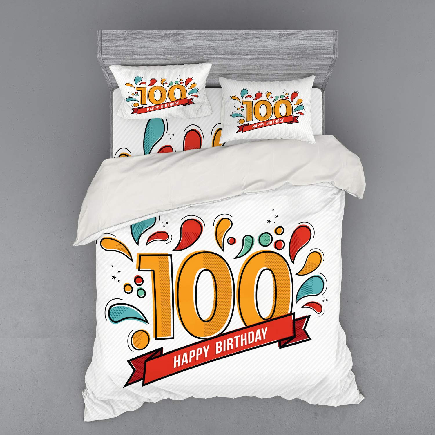 Ambesonne 100th Birthday Duvet Cover Set - Queen Size 4-Piece Bedding with Shams & Fitted Sheet - Vintage Granny 100 Years Celebration Design - Perfect for Milestone Birthday Parties & Gift Ideas