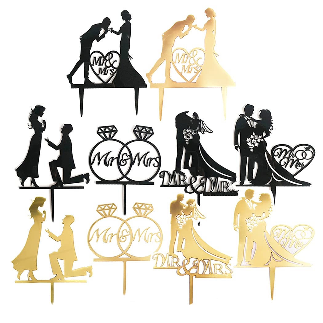 10PCS Acrylic MR and MRS Cake Toppers - Gold & Black Wedding Cupcake Decorations, Durable Photo Booth Props for Engagement, Bridal Party & Anniversary Celebrations - Perfect for Wedding Cakes, Dessert Tables and Party Decor