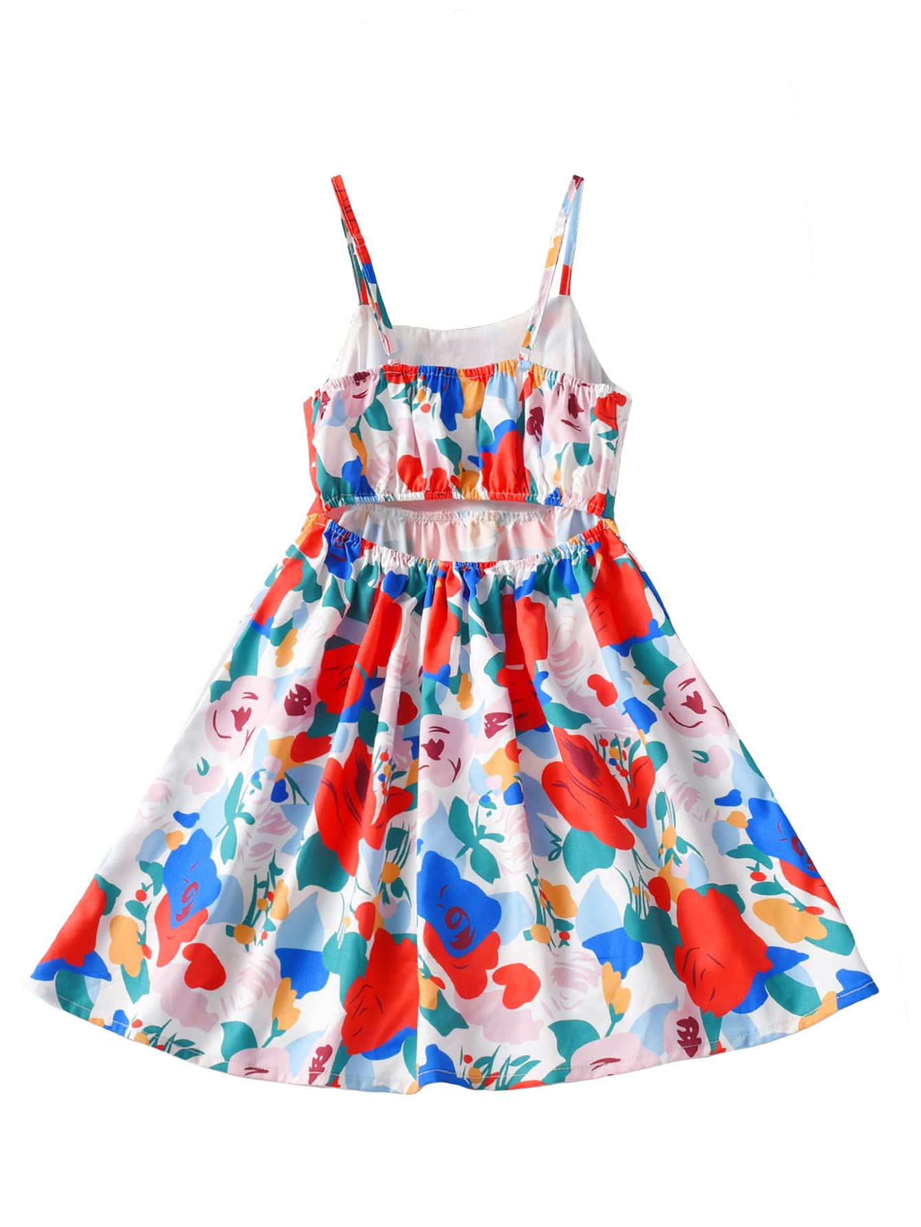 WDIRARA Girls Floral Print Spaghetti Strap V-Neck Ruched Flared Cami Dress - Summer Casual Sundress for Beach, Party & Everyday Wear