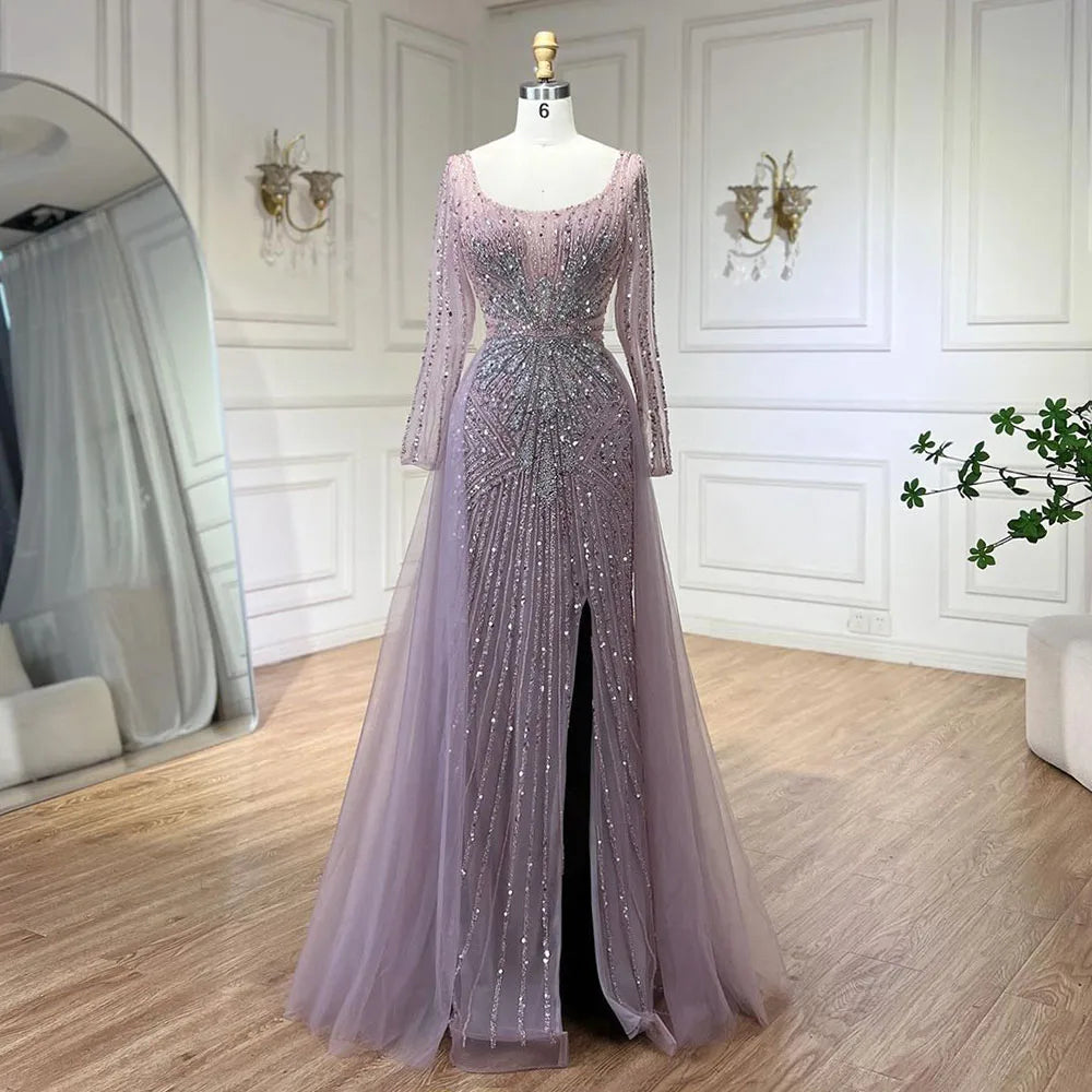 Elegant Pink Beaded Mermaid Evening Dress with Overskirt Split for Women - Luxury Wedding Party Gown 2025 LA72431 | Perfect for Prom, Red Carpet & Formal Events