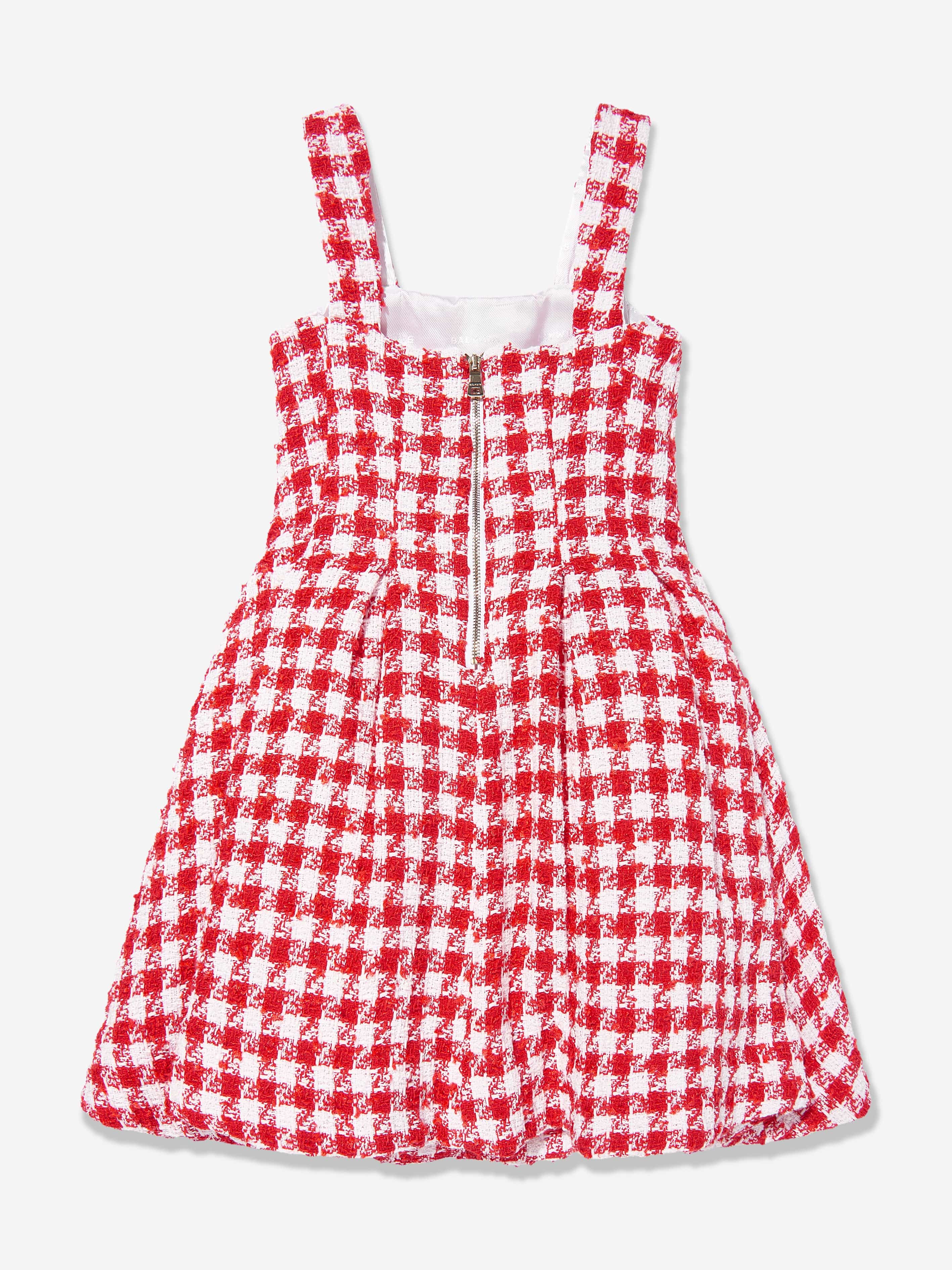 Balmain Red Checked Tweed Dress for Girls | Elegant Kids' Formal Wear | Perfect for Parties, Weddings & Special Occasions