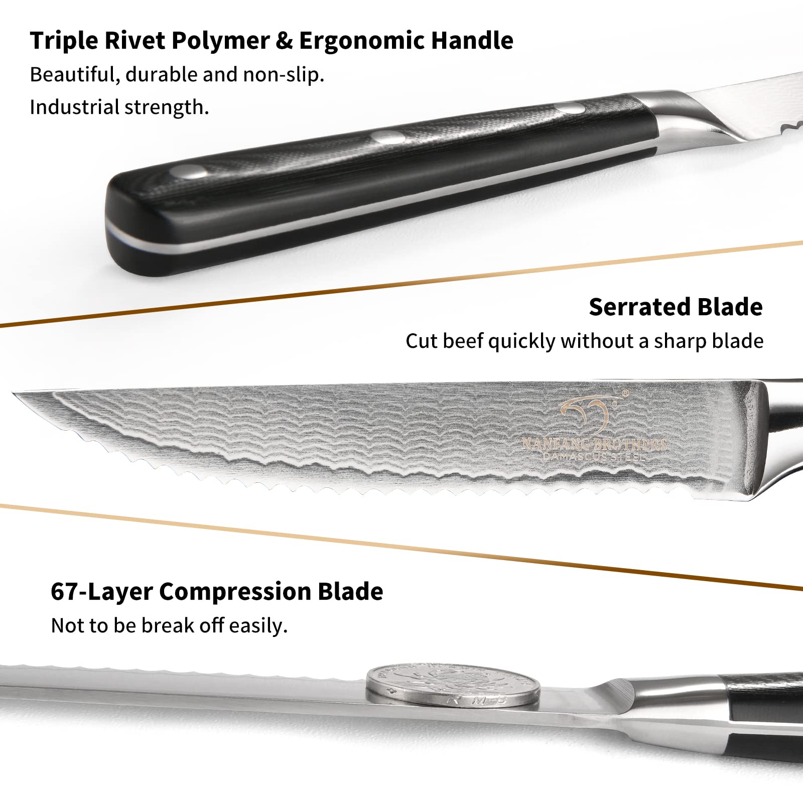 Premium Damascus Steel Serrated Steak Knife Set - 6 Pack with Wooden Gift Box | 5