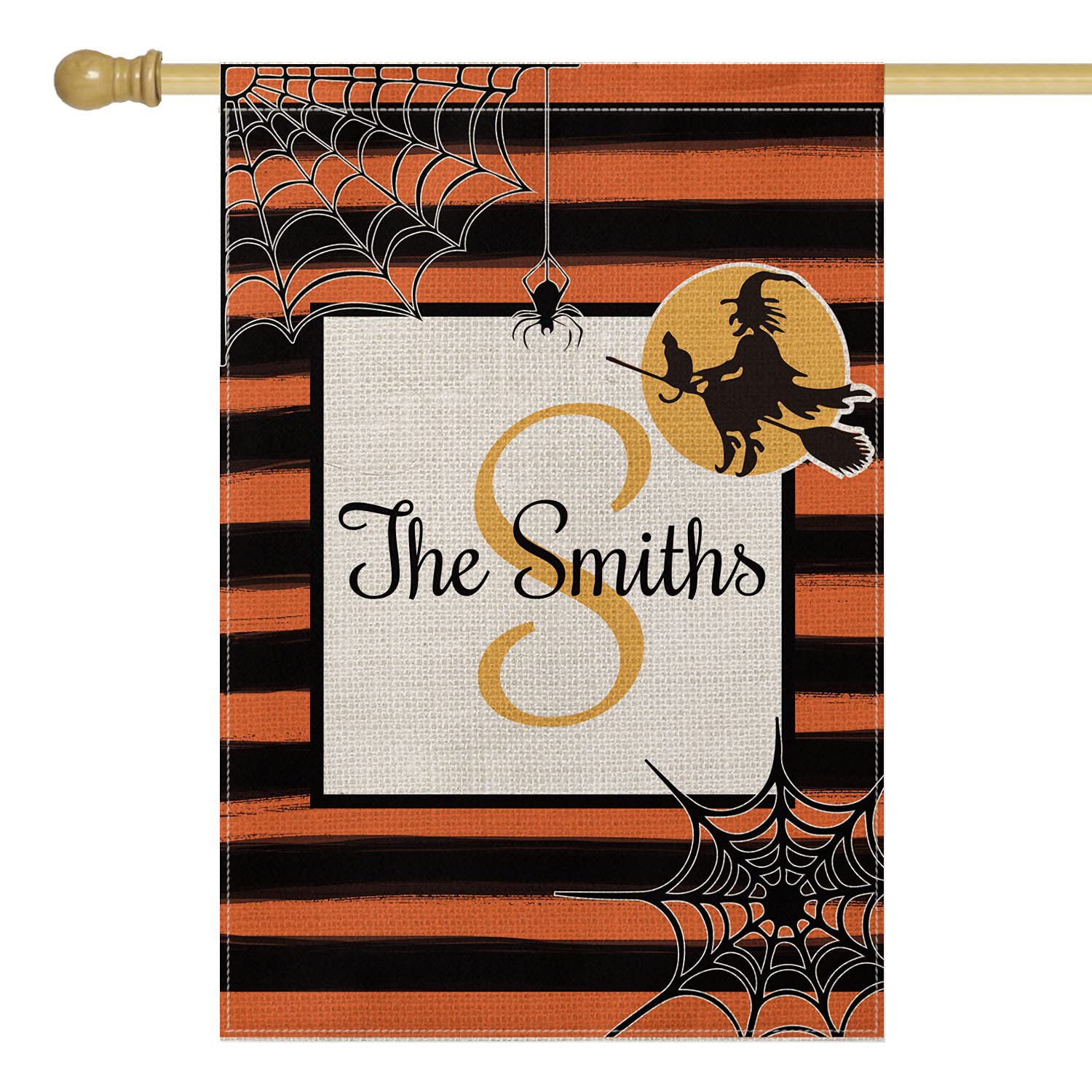 Personalized Halloween Wicked Witch on Broom House Flag - Custom Initial & Family Name, Double-Sided 28x40 Inch Rustic Burlap Outdoor Decor for Yard, Porch & Farmhouse - Perfect for Halloween Party Decorations & Seasonal Home Display