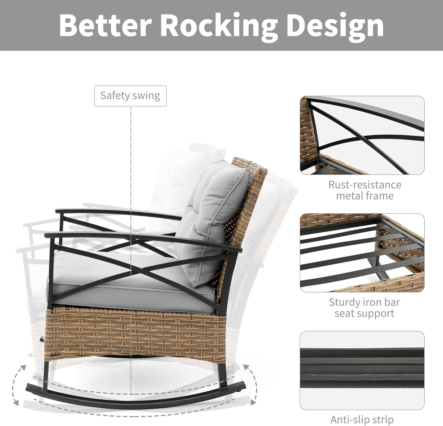 3-Piece Outdoor Rocking Chair Set - Grey Patio Bistro Furniture with Wicker Rockers & Cushioned Seating, Perfect for Porch, Garden, Lawn or Backyard Relaxation