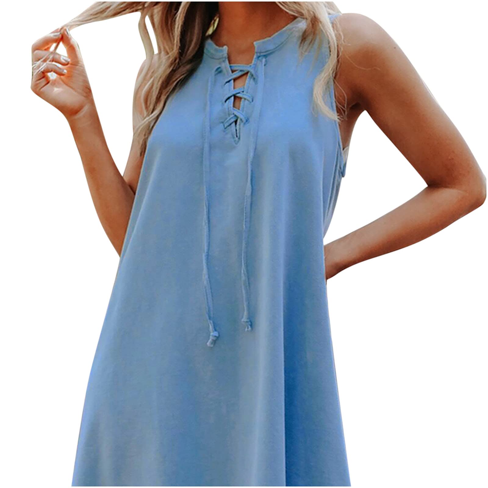 Boho Jean Dress for Women - Short Sleeveless Lace-Up A-Line Sun Dress | Summer Tank Dress for Casual Outings, Beach Vacations & Music Festivals