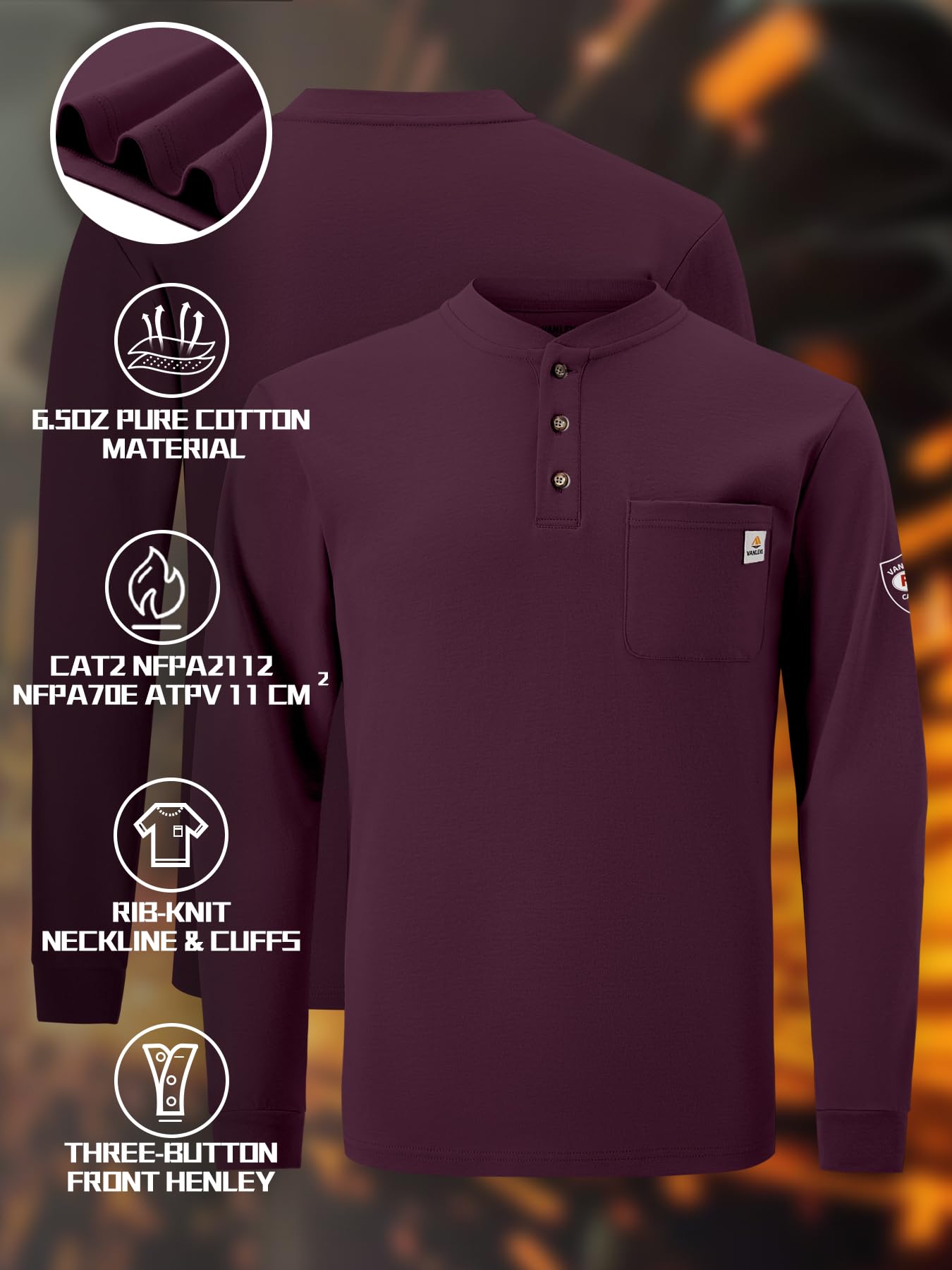 FR Shirts for Men - Flame Resistant Lightweight 6.5oz Long Sleeve Henley Shirts | CAT2 NFPA2112 Certified FR Clothing | Ideal for Industrial Work, Welding & Fire Hazard Environments