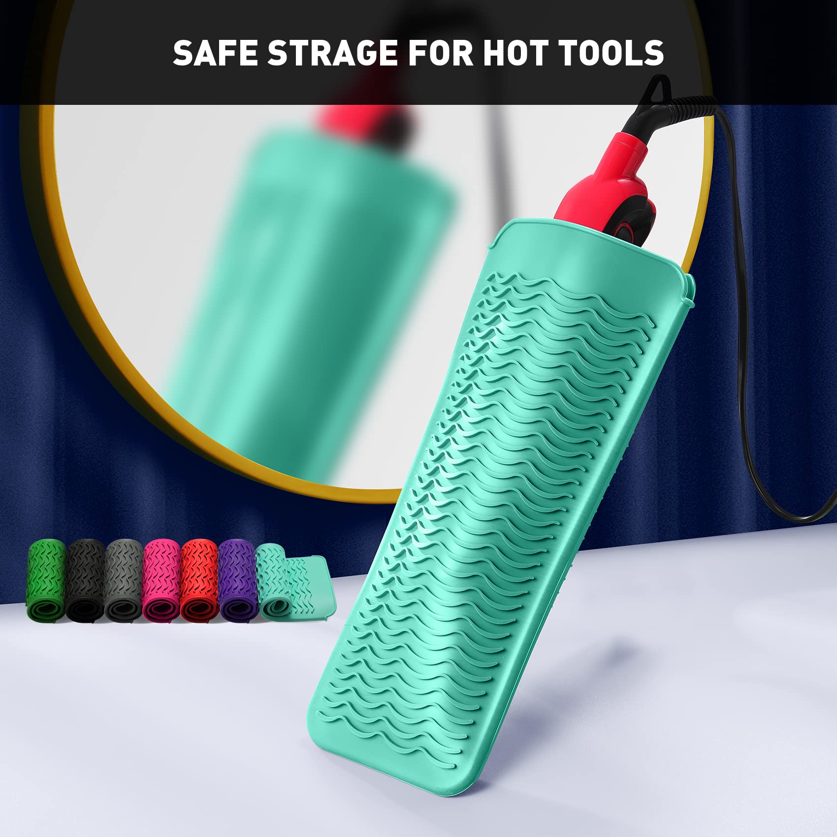 ZAXOP 2 Pack Heat Resistant Silicone Mat & Pouch for Flat Iron, Curling Iron, Hair Straightener - Thermal Protection for Hot Hair Tools (Mint Green & Grey) | Perfect for Travel, Salon & Home Styling
