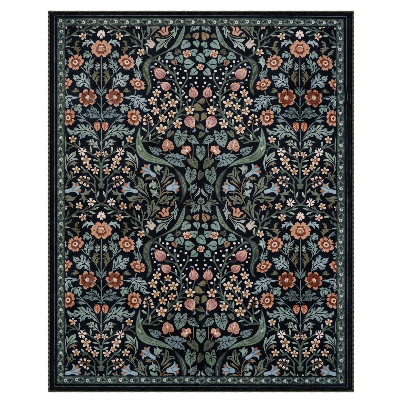 Premium Moynesa Floral Washable Rug 8x10 - Soft Boho Area Rug for Living Room, Bedroom, Dining Room & Office - Non-Slip Ultra Thin Floor Carpet in Black - Perfect for Home Decor, Nursery & High-Traffic Areas