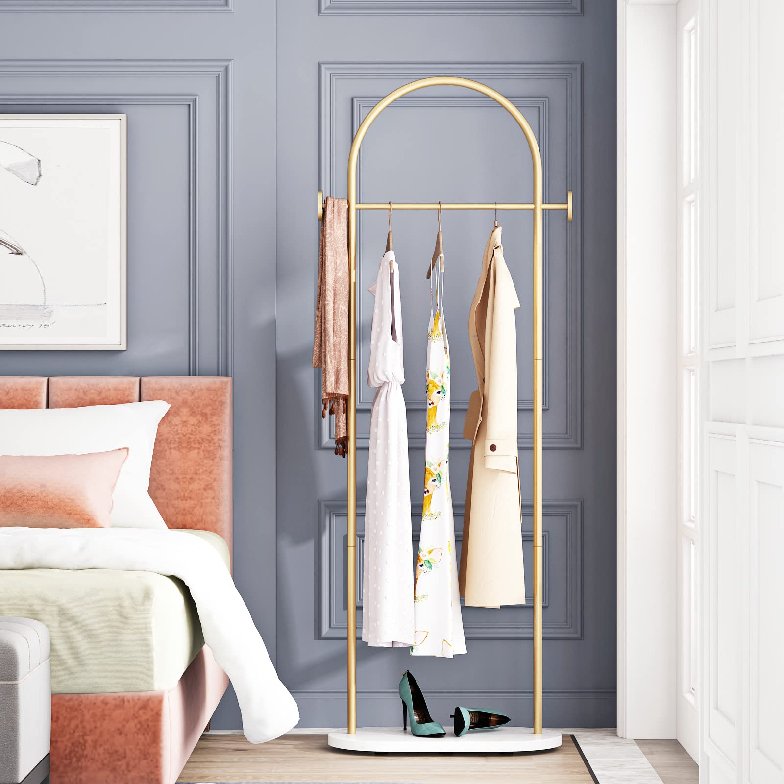 DR.IRON Modern Gold Freestanding Clothes Rack with Shelves - Heavy Duty Coat Hanger Stand with Marble Base & Umbrella Holder for Entryway, Hallway, Office or Bedroom - Perfect for Organizing Jackets, Hats & Accessories in Small Spaces