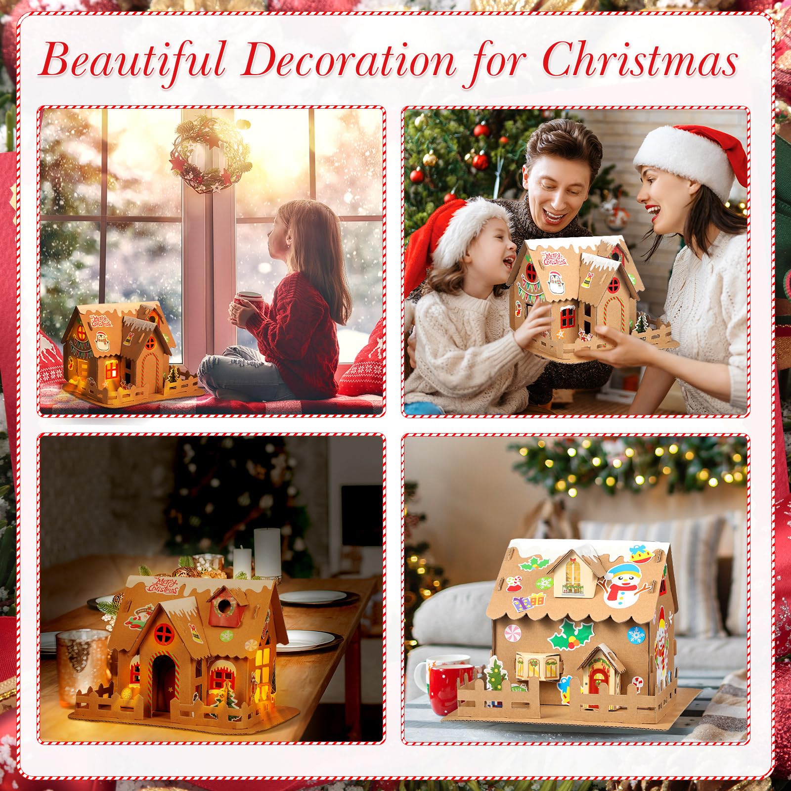 Hiboom 16-Piece Christmas Gingerbread House Craft Kit - DIY 3D Holiday Decorations for Kids, Boys & Girls - Perfect for Xmas Party Games, Classroom Activities & Family Crafting Fun