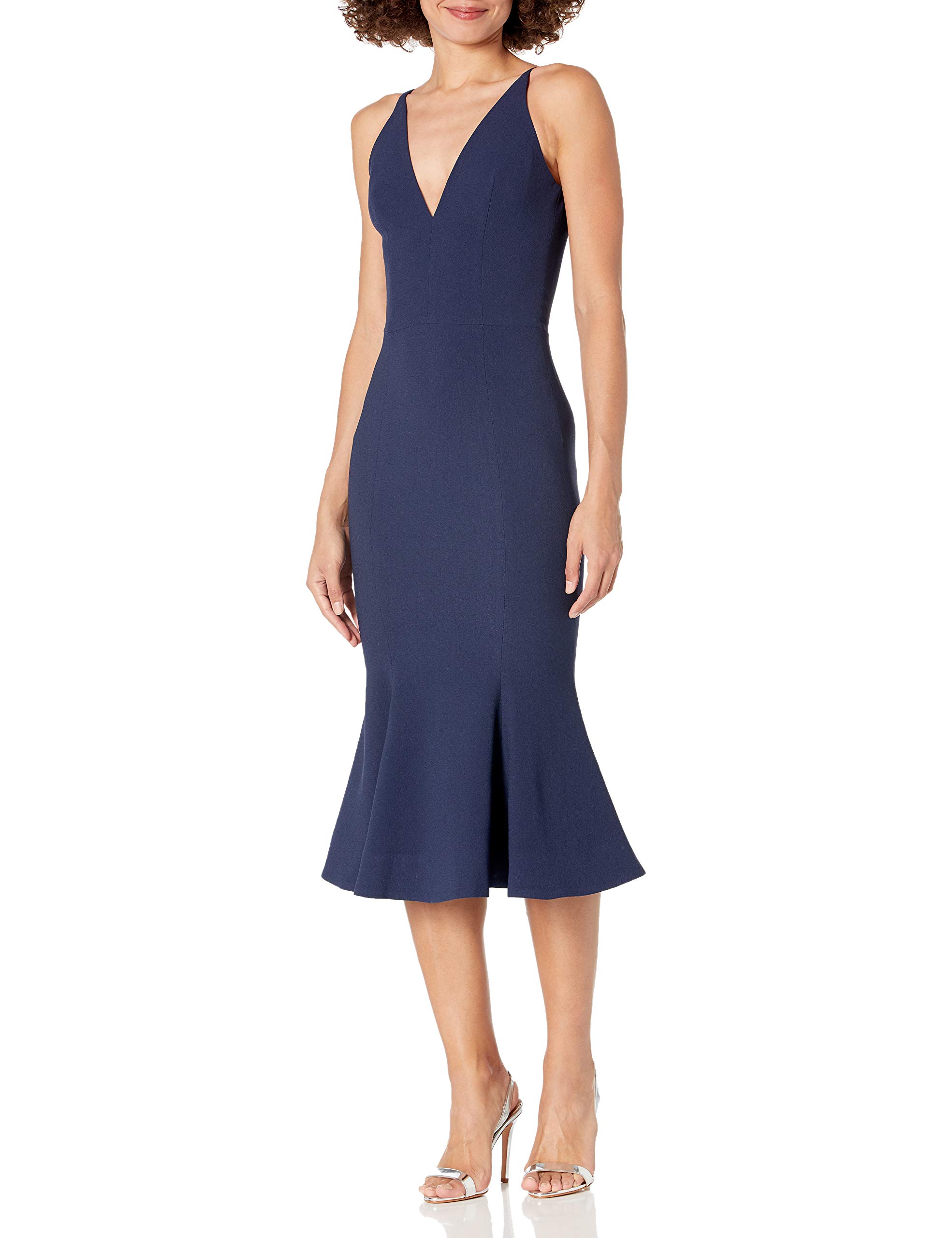 Dress the Population Women's Isabelle Plunging Spaghetti Strap Mermaid Fitted Midi Dress - Elegant Bodycon Formal Gown for Evening Parties, Weddings & Special Occasions