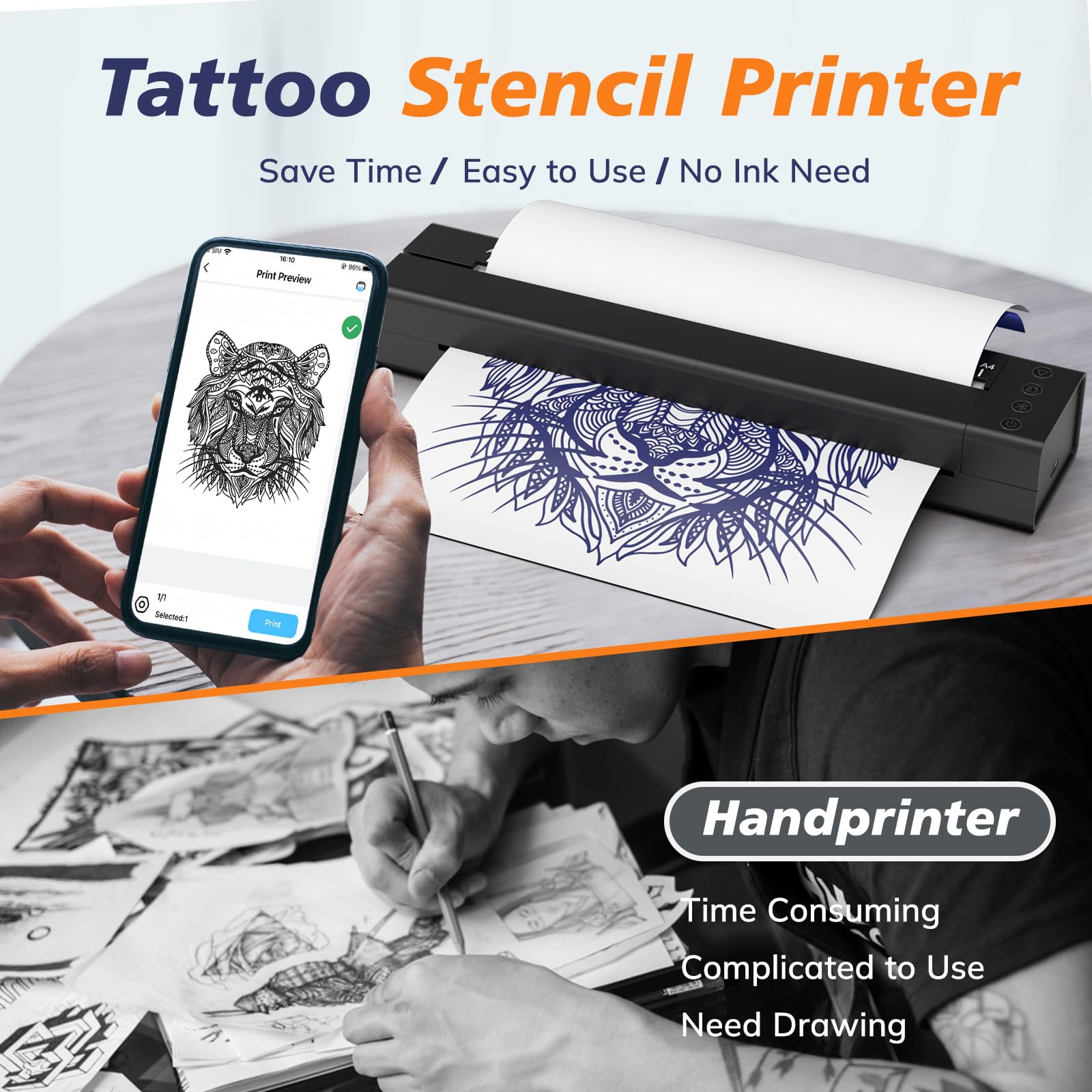 LifeBasis Wireless Tattoo Stencil Printer - Bluetooth Portable Thermal Transfer Copier Machine for Professional Tattoo Artists | Includes 30PCS Transfer Paper | Compatible with Android & iOS Phones | Perfect for Tattoo Studios, Home Use & Mobile Tattoo Services