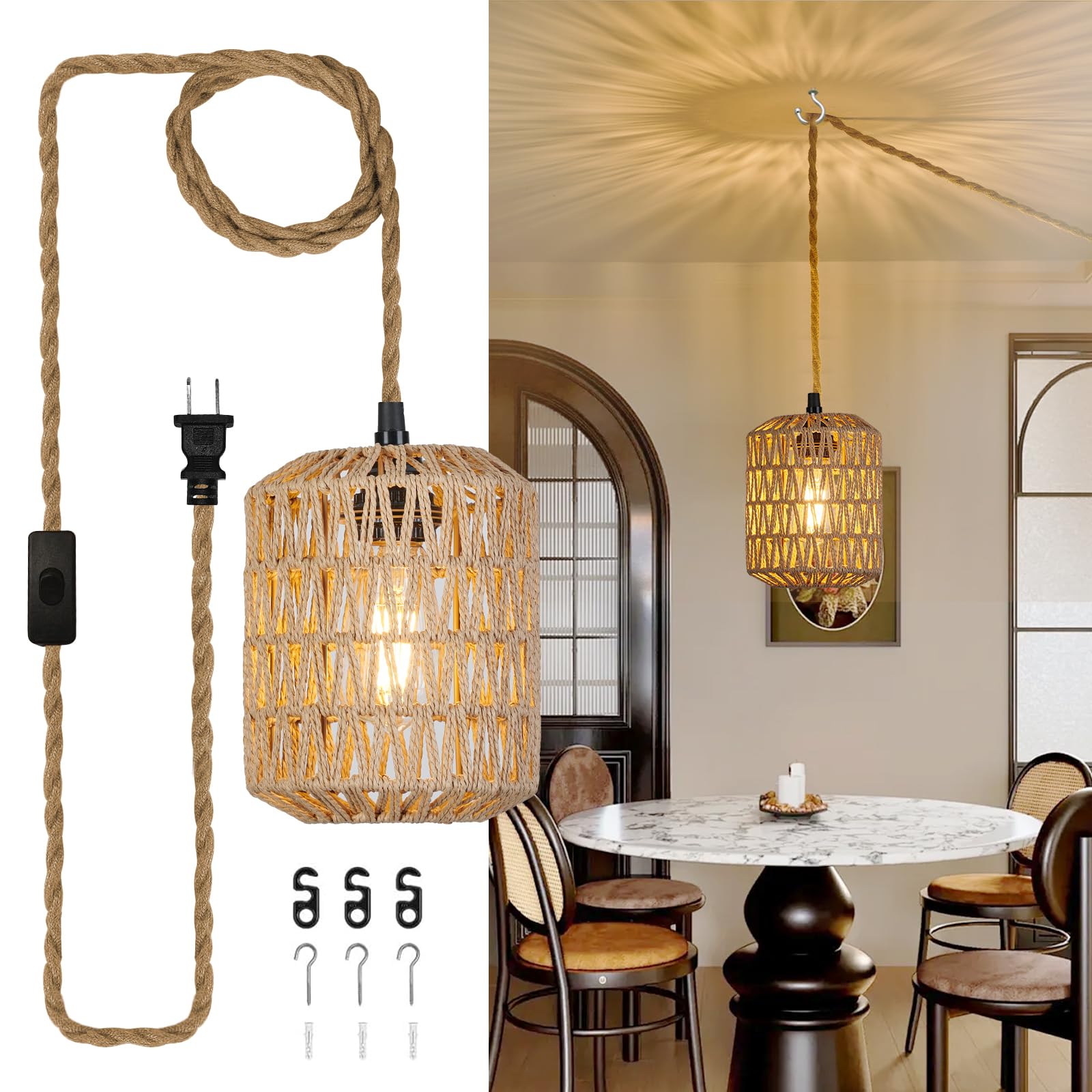 Rattan Plug-in Pendant Light with 15ft Cord & On/Off Switch - Hand Woven Wicker Chandelier - Boho Hanging Lamp for Bedroom, Kitchen, Hallway, Foyer - Perfect for Farmhouse, Apartment & Dining Room Decor