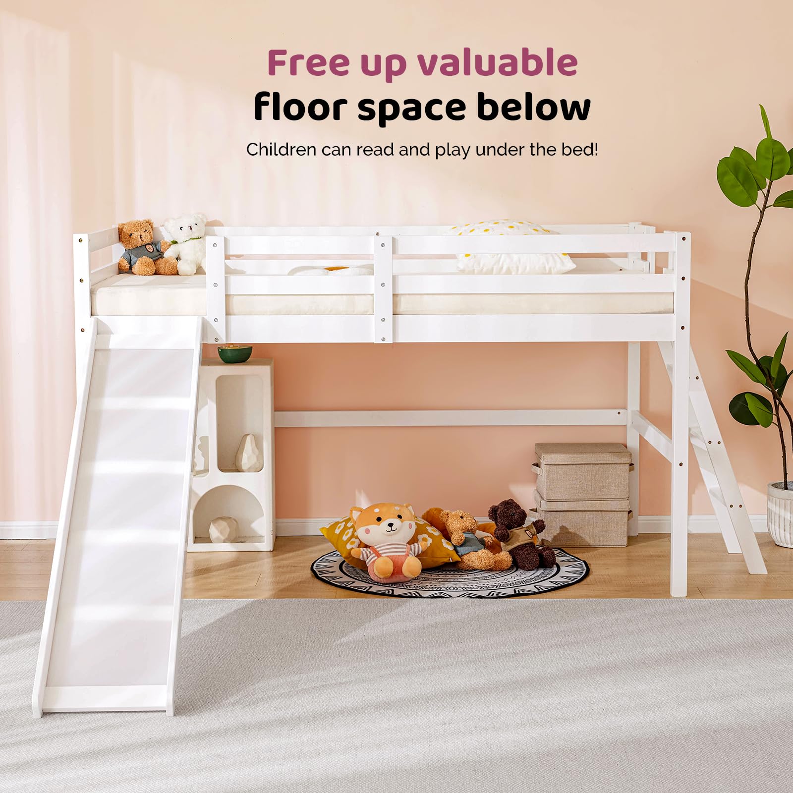 VINGLI Twin Loft Bed with Slide - Space Saving Kids Low Loft Bed with Guardrail & Ladder - Sturdy Pine Wood Bed Frame for Boys & Girls (White) - Perfect for Small Bedrooms & Playrooms