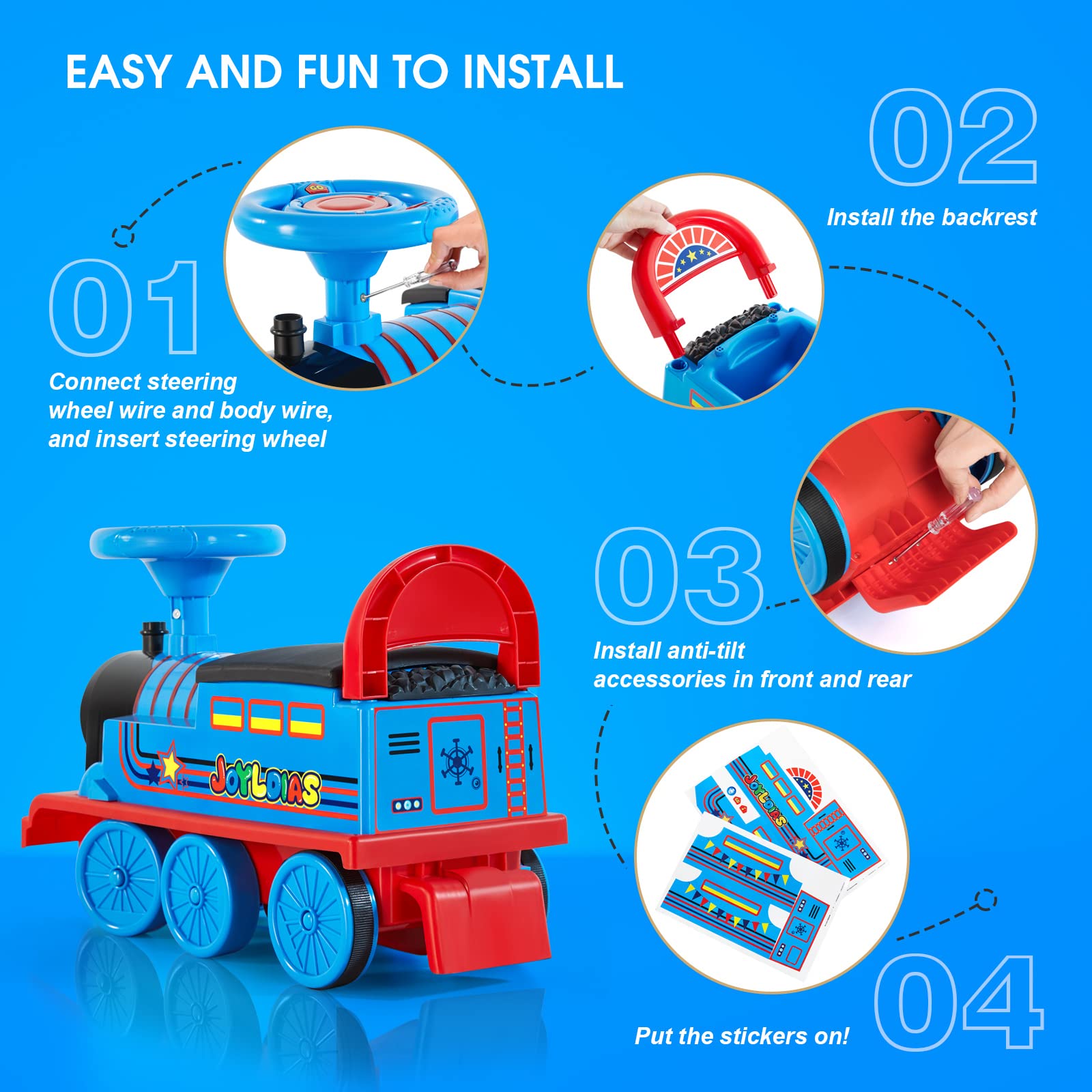 JOYLDIAS 6V Electric Ride On Train Toy for Kids - 16pcs Curved Tracks, LED Lights & Horn, Storage Basket, Retractable Foot Pedals - Best Gift for Toddlers Under 39 Inches (Blue) | Perfect for Indoor Playrooms & Backyard Fun