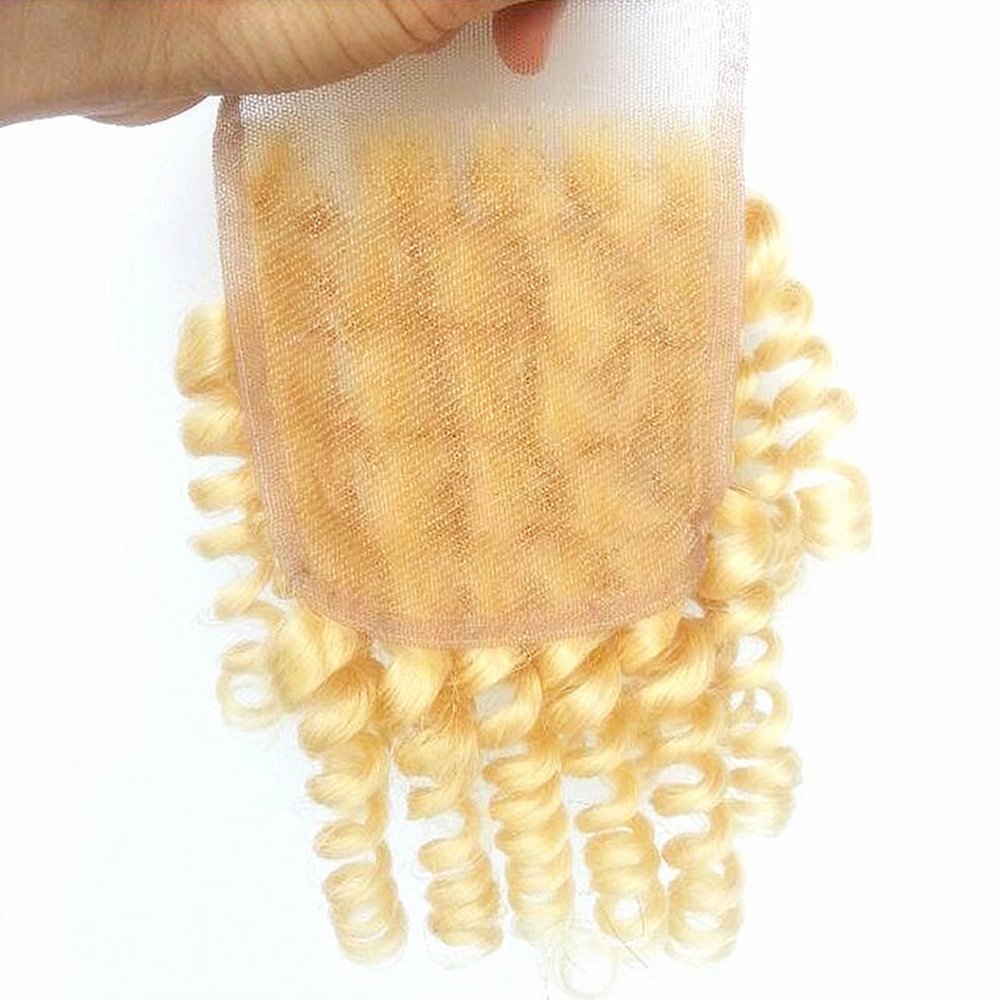 613 Blonde Bleach Human Hair Bundles with 4x4 Lace Closure - 3 Bundles & 1 Closure Set (14/16/18+12 Inch) - Romance Curl 3B/4A Virgin Hair Extensions for Weaving | Perfect for Parties, Weddings & Daily Styling