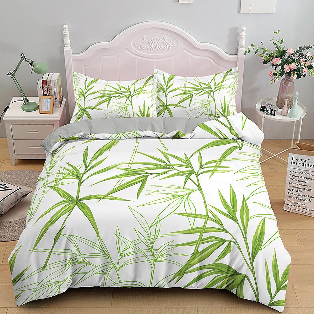 Stylish Tropical Green Bamboo Comforter Set with Floral Design - King/Queen/Twin/Full Size Duvet Cover & Pillowcases (3-Piece Set) | Breathable Home Textile for Bedroom Decor, Perfect for Summer Nights & Boho Chic Interior Design