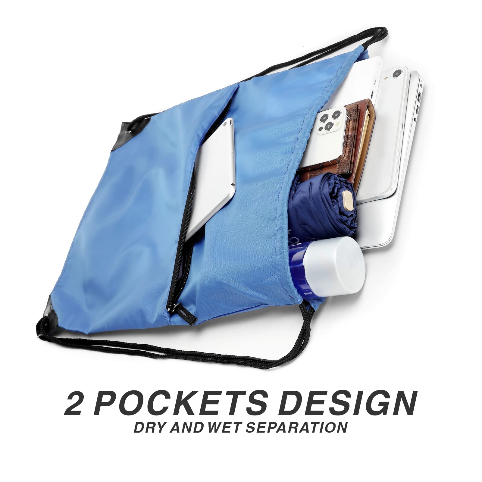 Lightweight 210D Nylon Drawstring Backpack - Foldable Sports Gym Bag with Zipper Side Pocket for Men & Women (Baby Blue) - Perfect for Workouts, Travel & School Essentials
