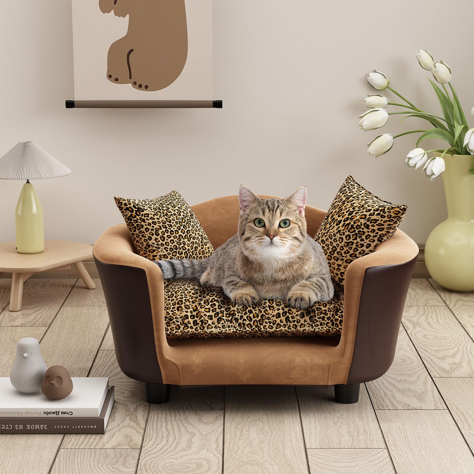 **Cozy Small Dog Sofa Bed - Supportive Foam Pet Couch with Washable Cover & Anti-Skid Bottom - Modern Low-Back Design for Dogs & Cats - Leopard Print Puppy Bed for Living Room & Bedroom**