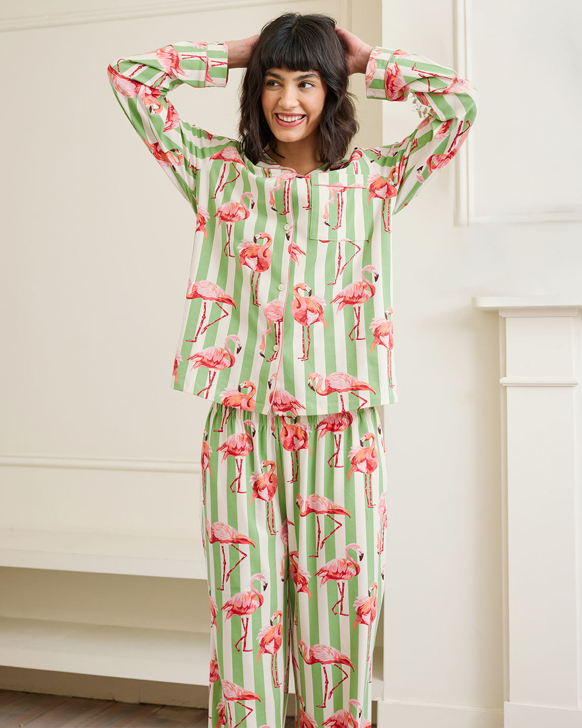 Organic Cotton Flamingo Striped Long Pajama Set for Women - Soft & Comfortable Sleepwear for Nighttime Relaxation & Lounging