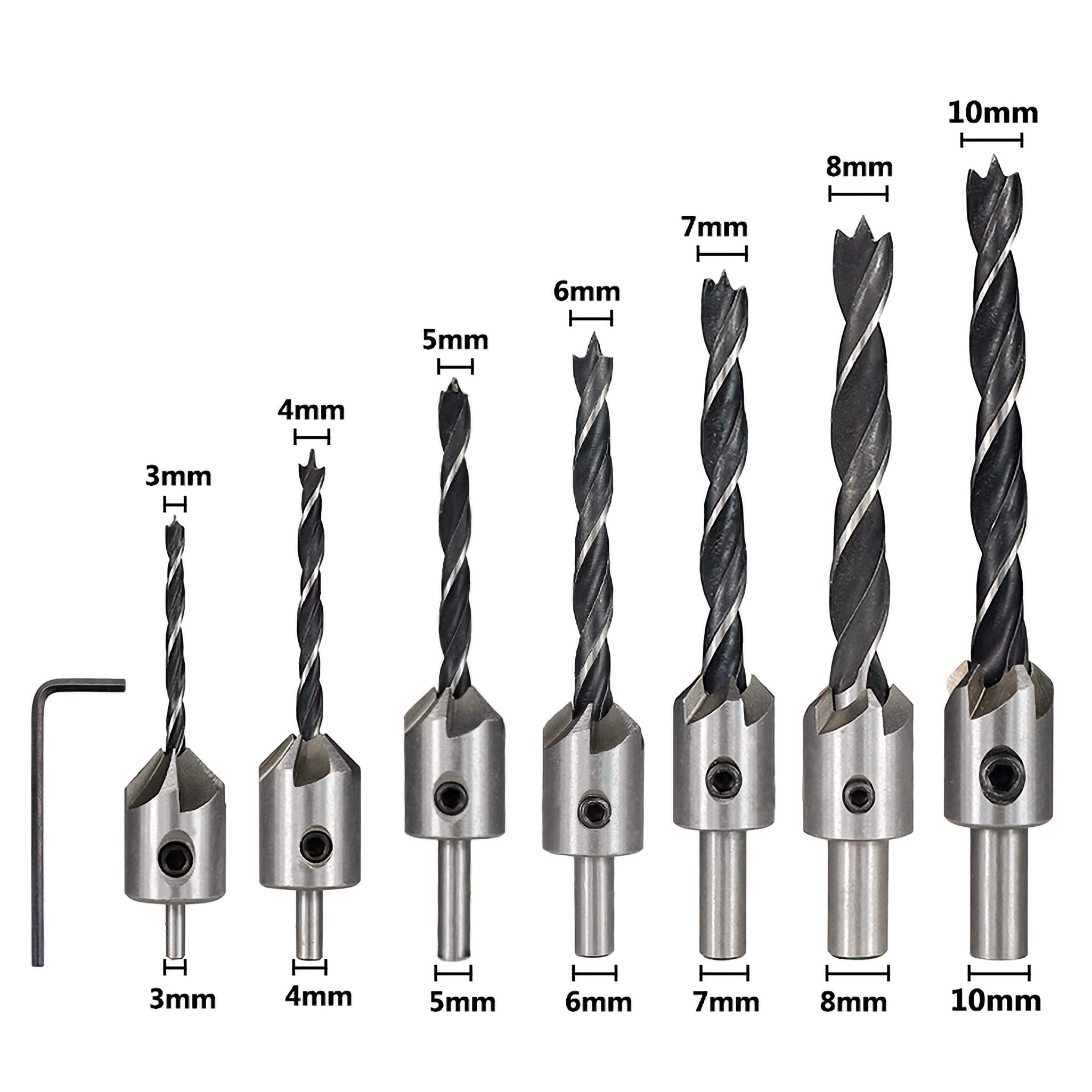 KEWAYO 7Pcs High-Speed Steel Countersink Drill Bit Set for Woodworking & Carpentry - Includes Free Hex Key Wrench - Perfect for DIY Projects, Furniture Making, and Cabinet Installation
