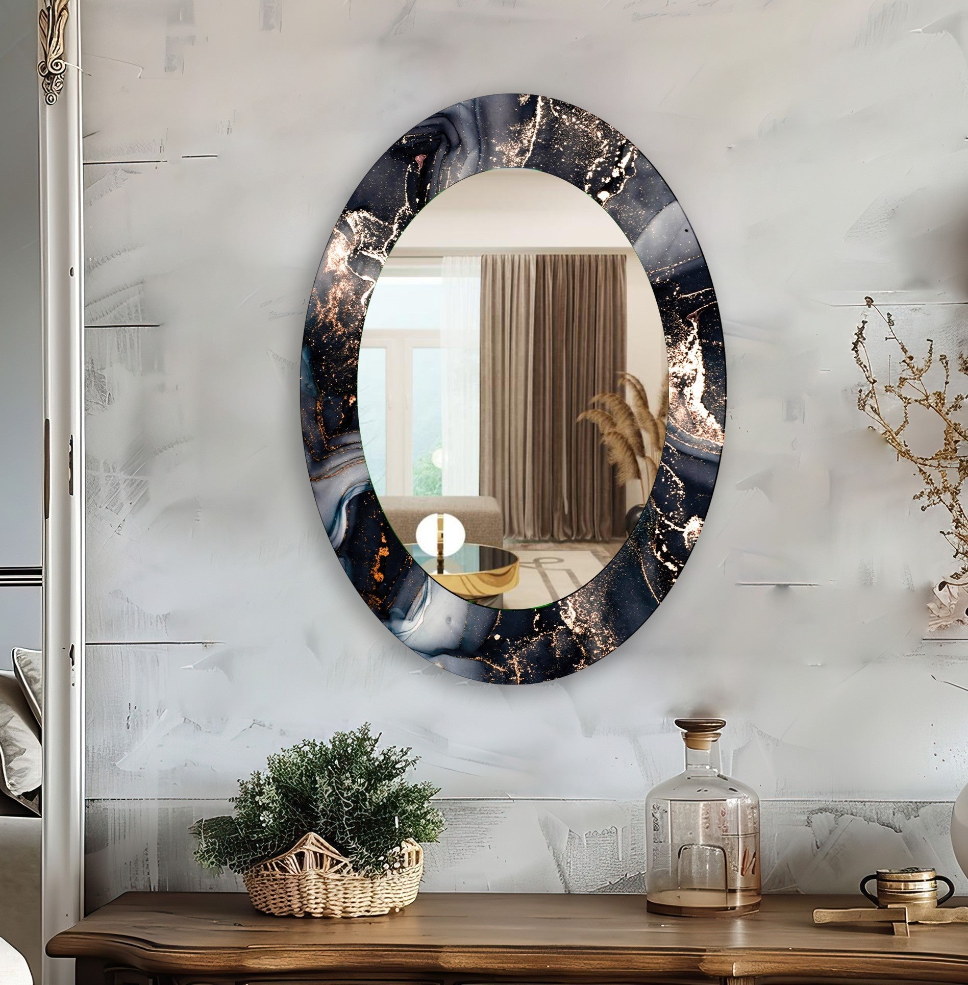 Stylish Asymmetrical Black Entryway Oval Wall Mirror - Modern Home Decor for Hallway, Living Room & Bedroom