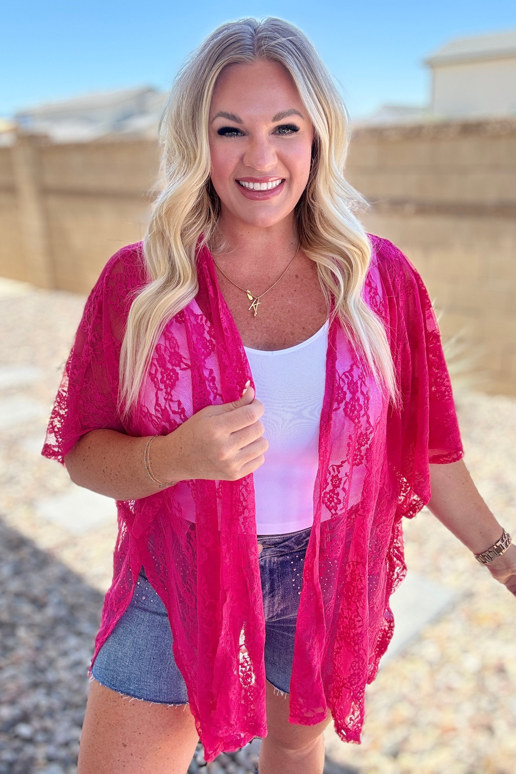 Stylish Fuchsia Lace Kimono Robe for Women - Elegant Lightweight Cover Up for Beach, Bridal Party & Home Relaxation