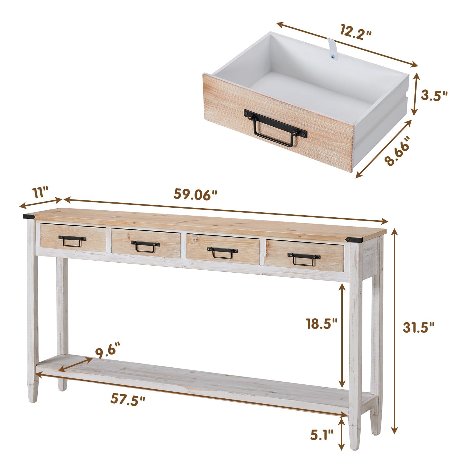 Rustic Farmhouse Console Table with 4 Drawers - 60