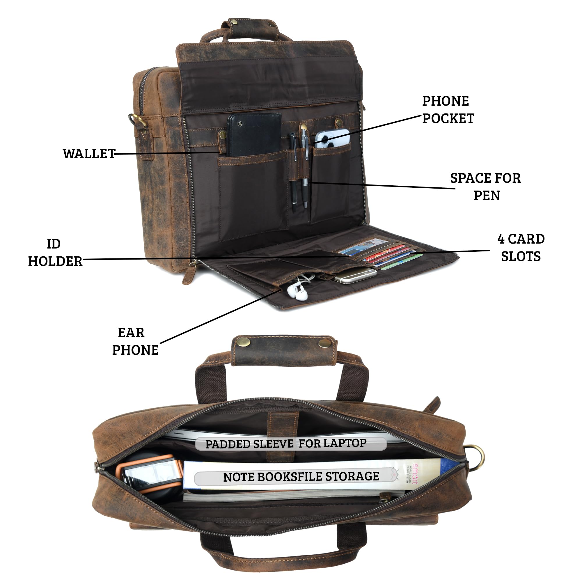 Premium Genuine Leather Briefcase for Men - 17 Inch Laptop Bag for Business & Office - Professional Work Bag for MacBook, Business Travel & Daily Commute