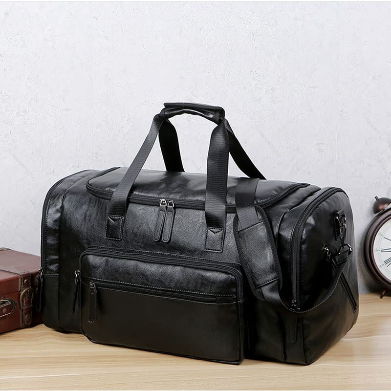 Premium Leather Gym Bag for Men - Waterproof Sports Duffle with Separate Shoe Compartment - Ideal for Fitness, Yoga, Travel & Workout (Black, 55x30x25cm) - Perfect for Gym Sessions, Weekend Getaways & Sports Training