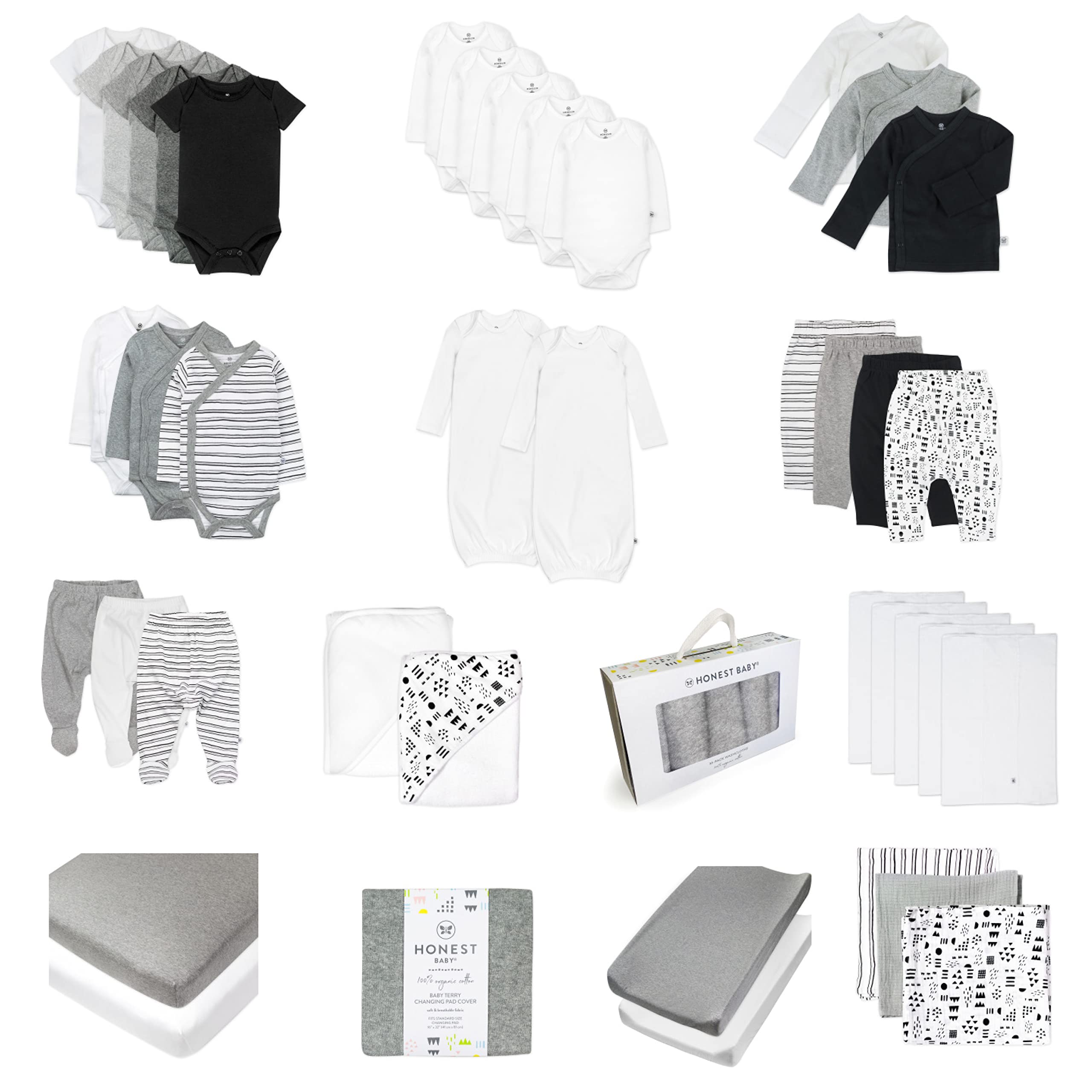 HonestBaby Unisex Baby 50-Piece Newborn Essentials Gift Set - Organic Cotton Baby Clothes, Blankets & Accessories - Perfect for Baby Showers, Christenings & Welcome Home Gifts