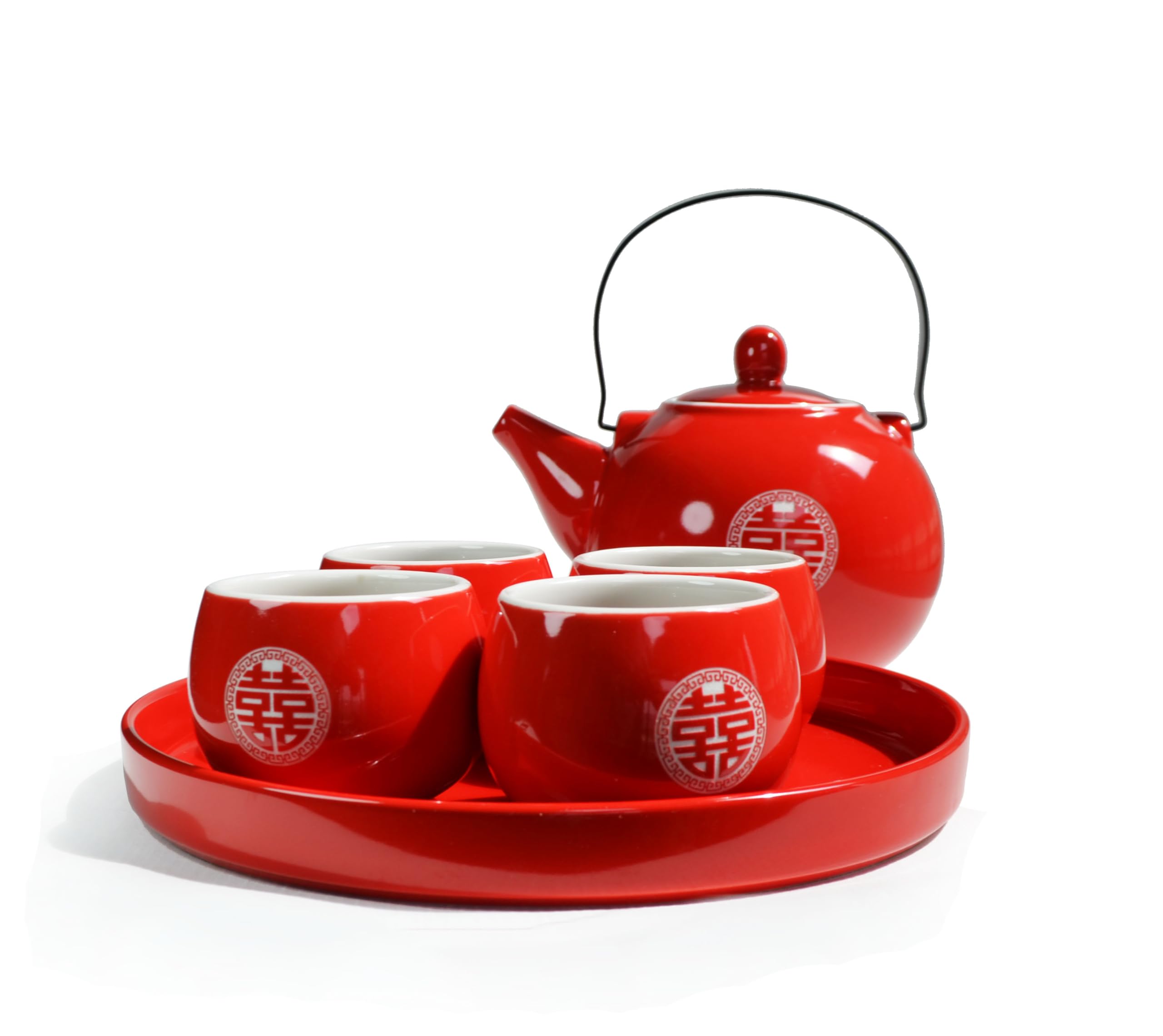 Premium Chinese Tea Gift Set - Elegant Porcelain Tea Pot with 4 Cups & Tray - Perfect for Tea Ceremony, Wedding Party, Home Decor (Double Happiness Design) - Ideal for Adults, Men & Women - Great for Gifting, Relaxation & Traditional Tea Culture Experience