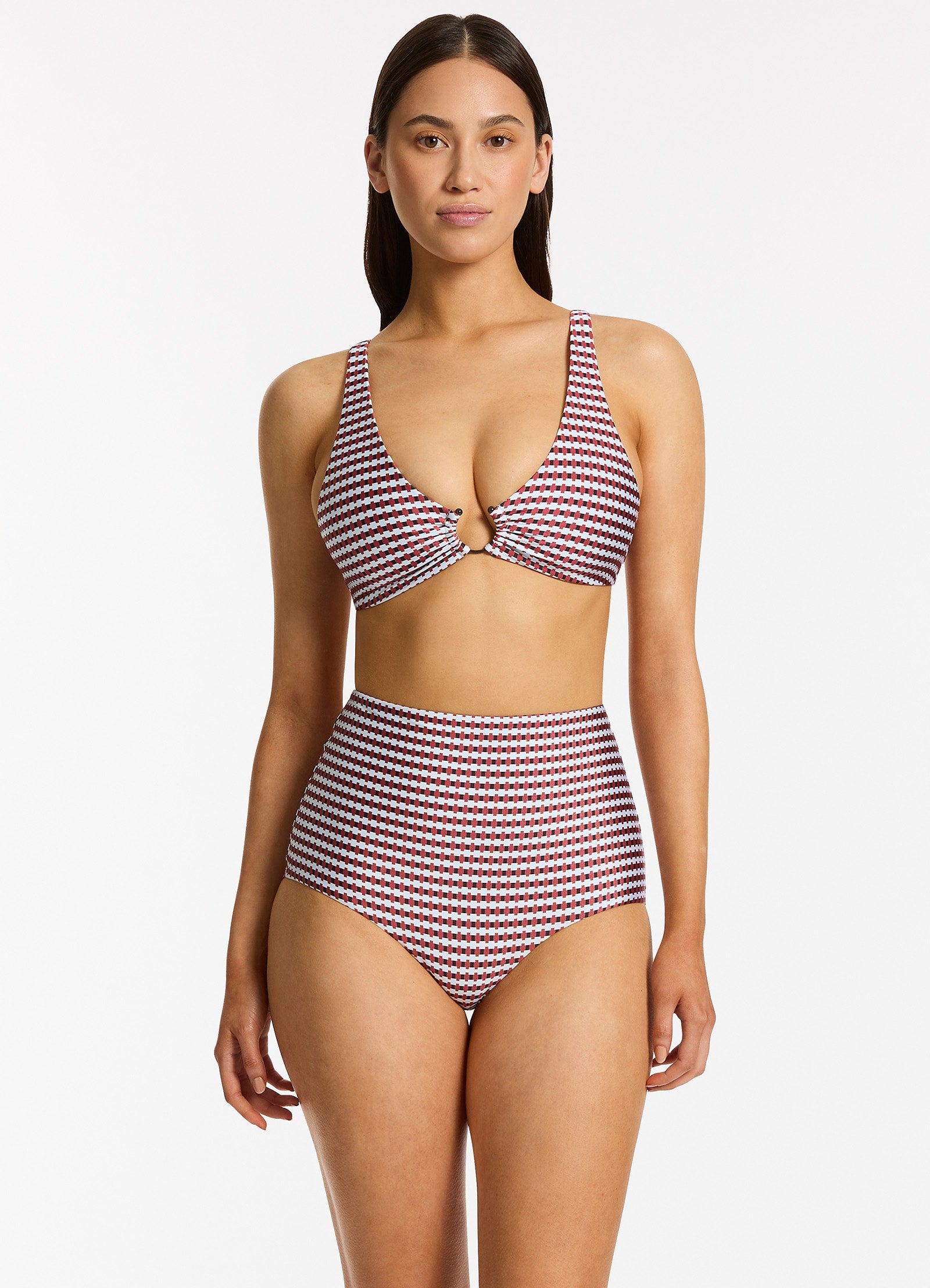 Zarla Geo High Waist Boyleg Bikini Bottom - Women's Swimwear for Beach & Pool - Ruby Red Retro Print Vintage Style Bathing Suit for Summer Vacation