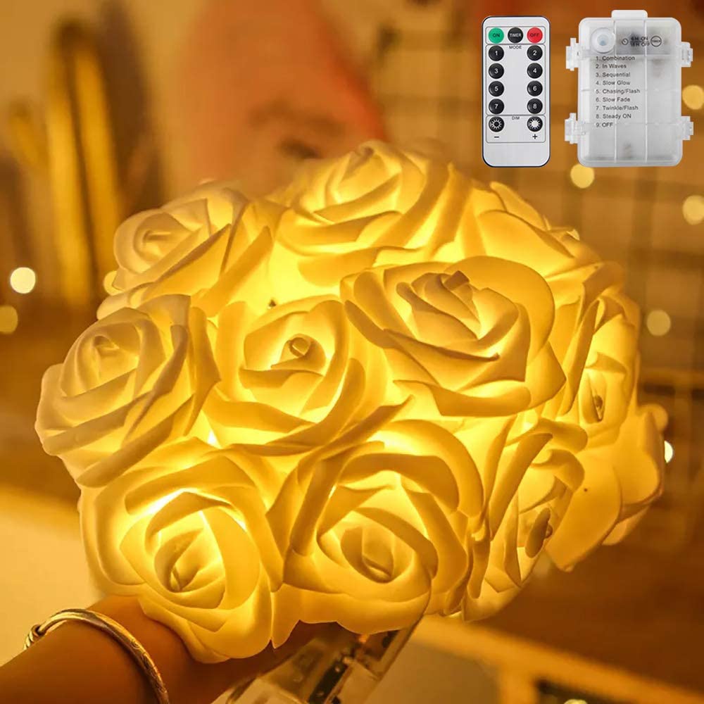 10FT 20 LED Rose Flower String Lights with Remote & Timer - Battery Operated Fairy Lights for Bedroom, Wedding, Home Decor | Waterproof Outdoor Lights for Garden, Patio | Perfect Mothers Day Gifts for Women